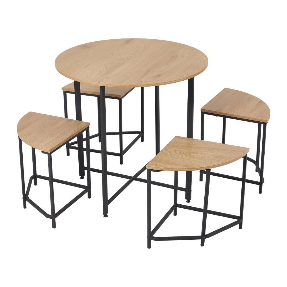 5-piece Round Dining Table Set With 4 Nesting Stools, Wood Grain Top & Black Metal Frame