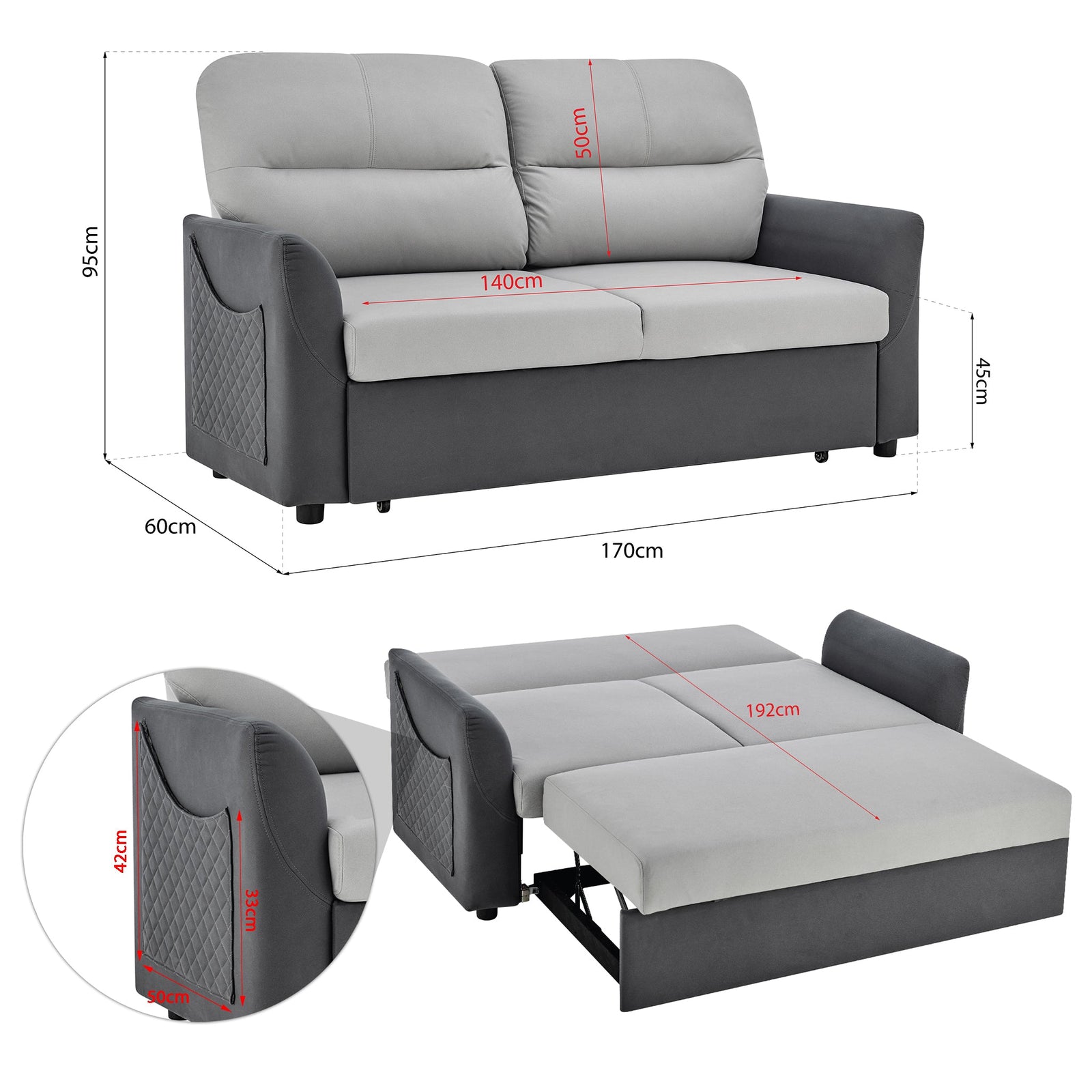 Faux Suede Double Pull-out Sofa Bed - 2 Seater