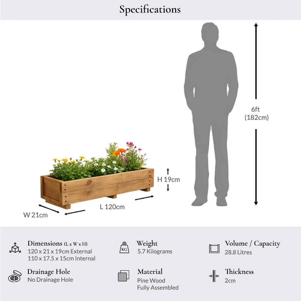Pine Wooden Planter Flower Trough With Feet | 120cm x 18cm x 15cm | Brown