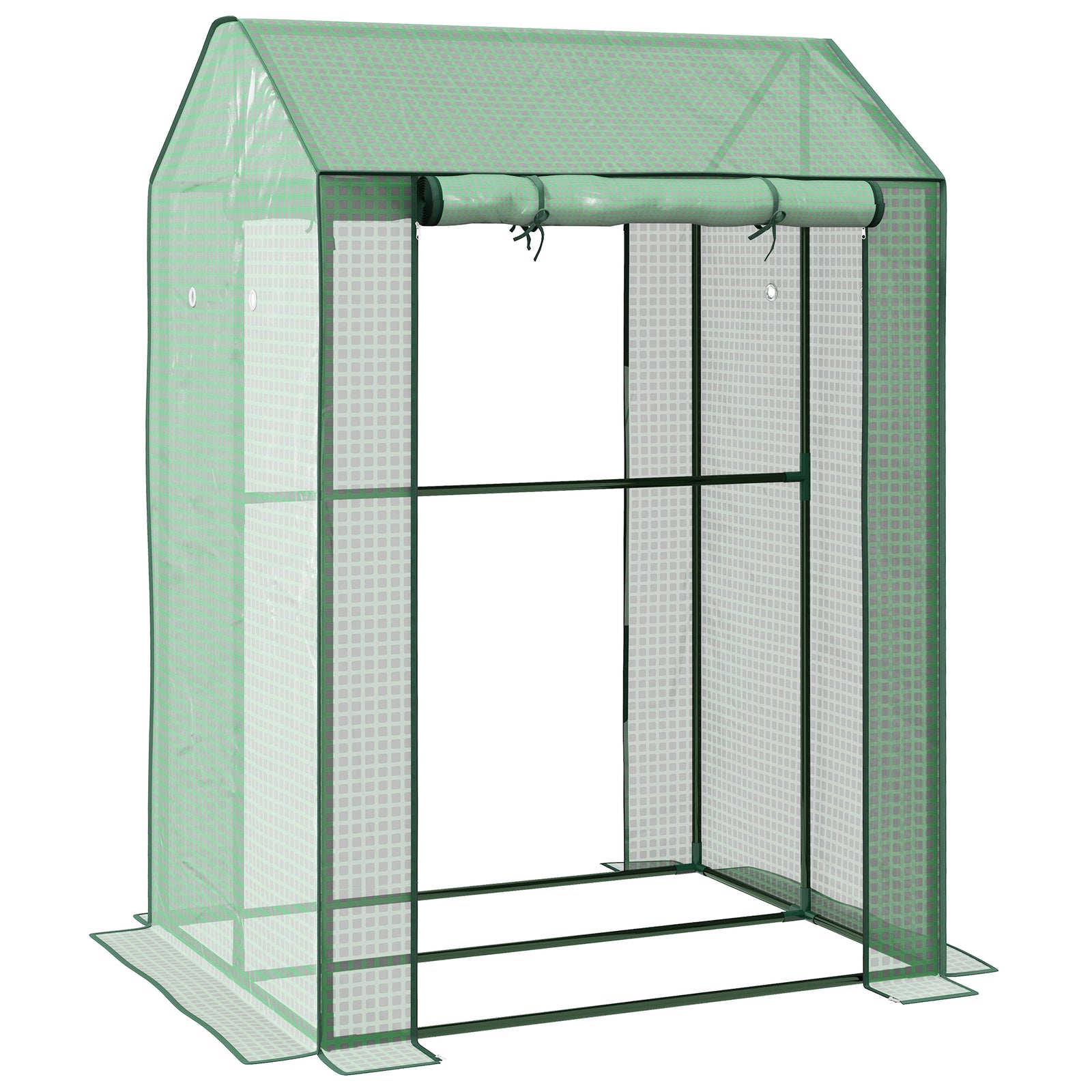 2-room Mini Greenhouse W/ Roll-up Doors & Pe Cover