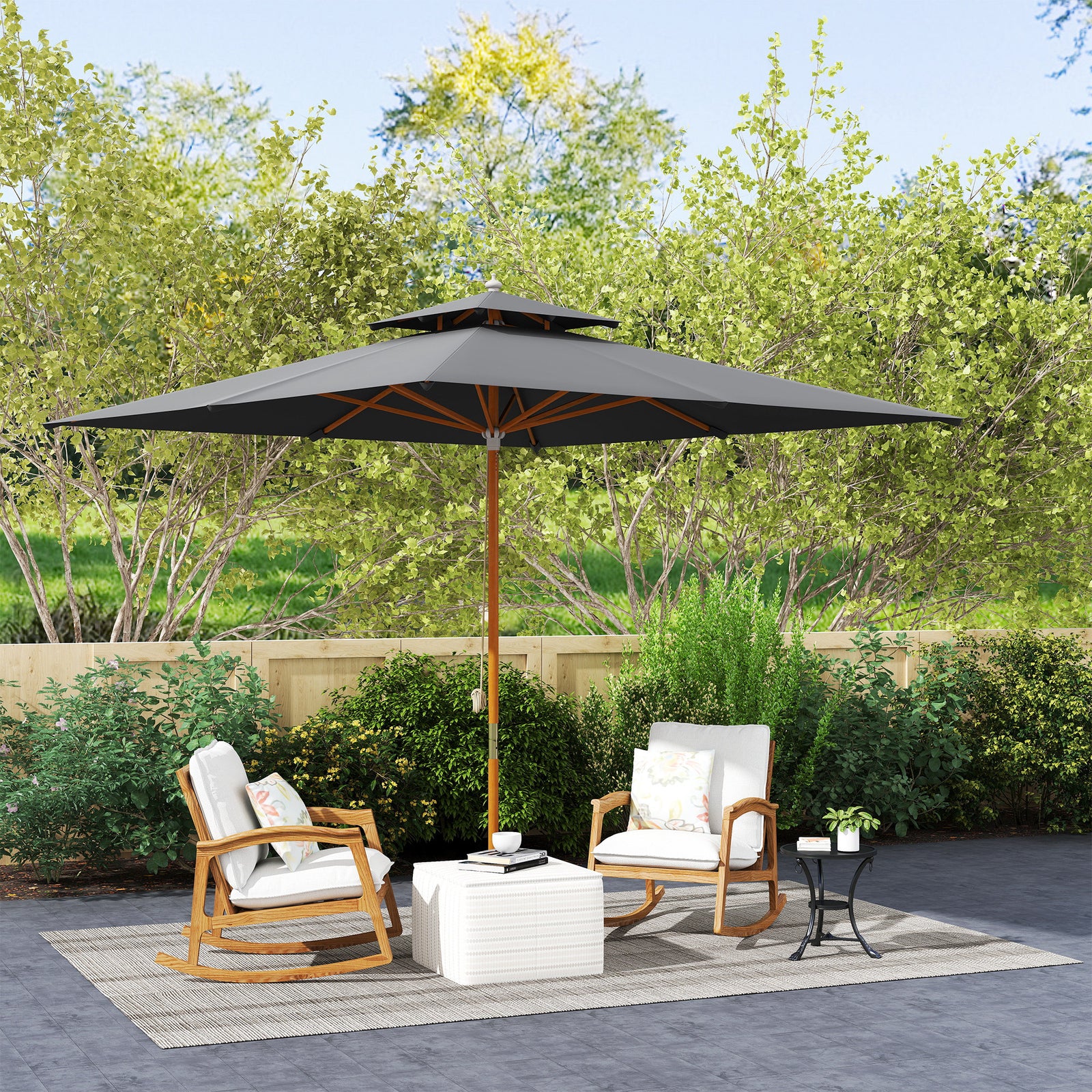 3(m) Wood Square Umbrella Garden Market Parasol Sunshade Black