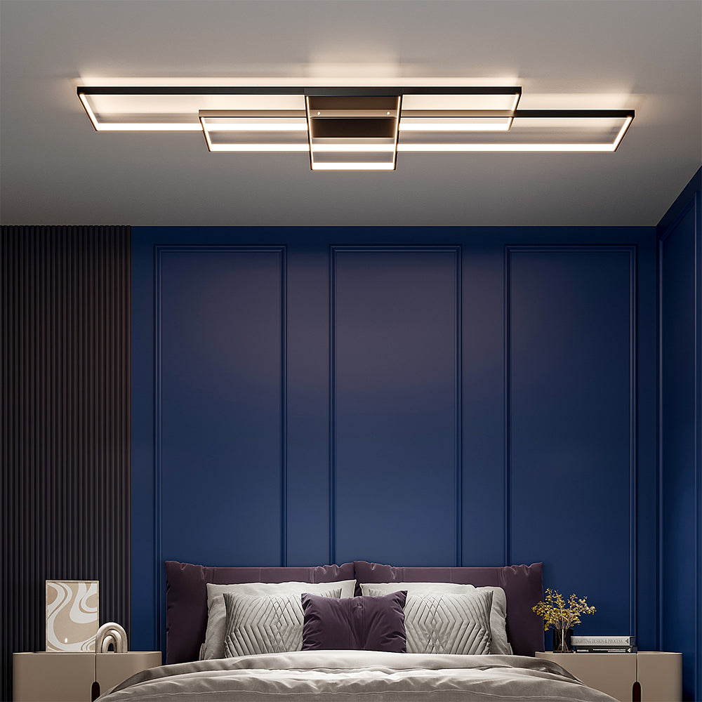 Modern Black Led Ceiling Light, Rectangular Frame, Dimmable Semi-flush Mount With Remote Control