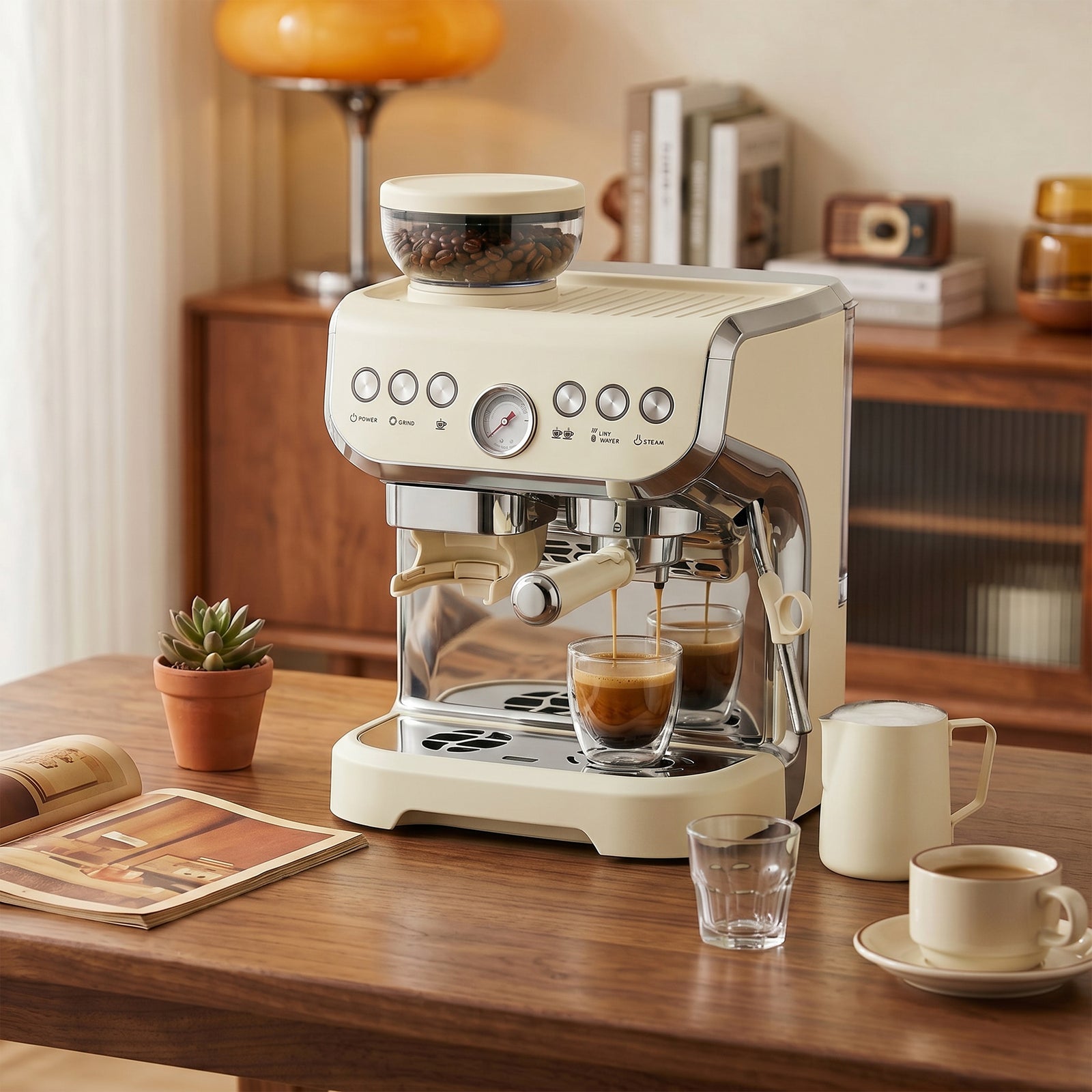 Espresso Machine, Bean Grinder & Steam Wand, 15 Bar Pressure | Cream White