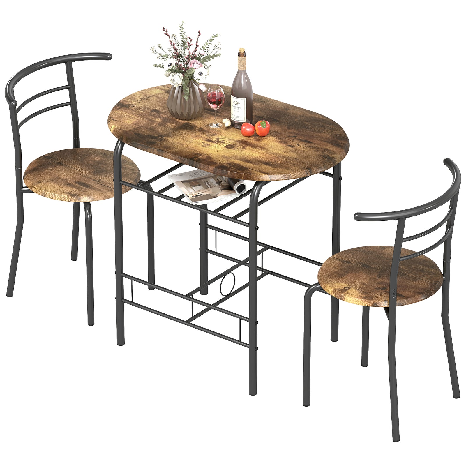 Breakfast Bar Table And Stools Set, Dining Room Set With Shelf | Rustic Brown
