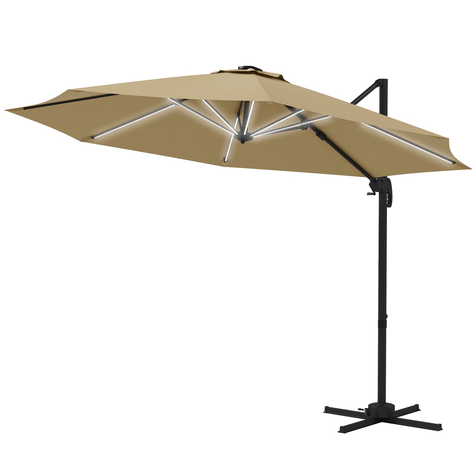 3m Solar Led Cantilever Parasol W/ Base | Khaki
