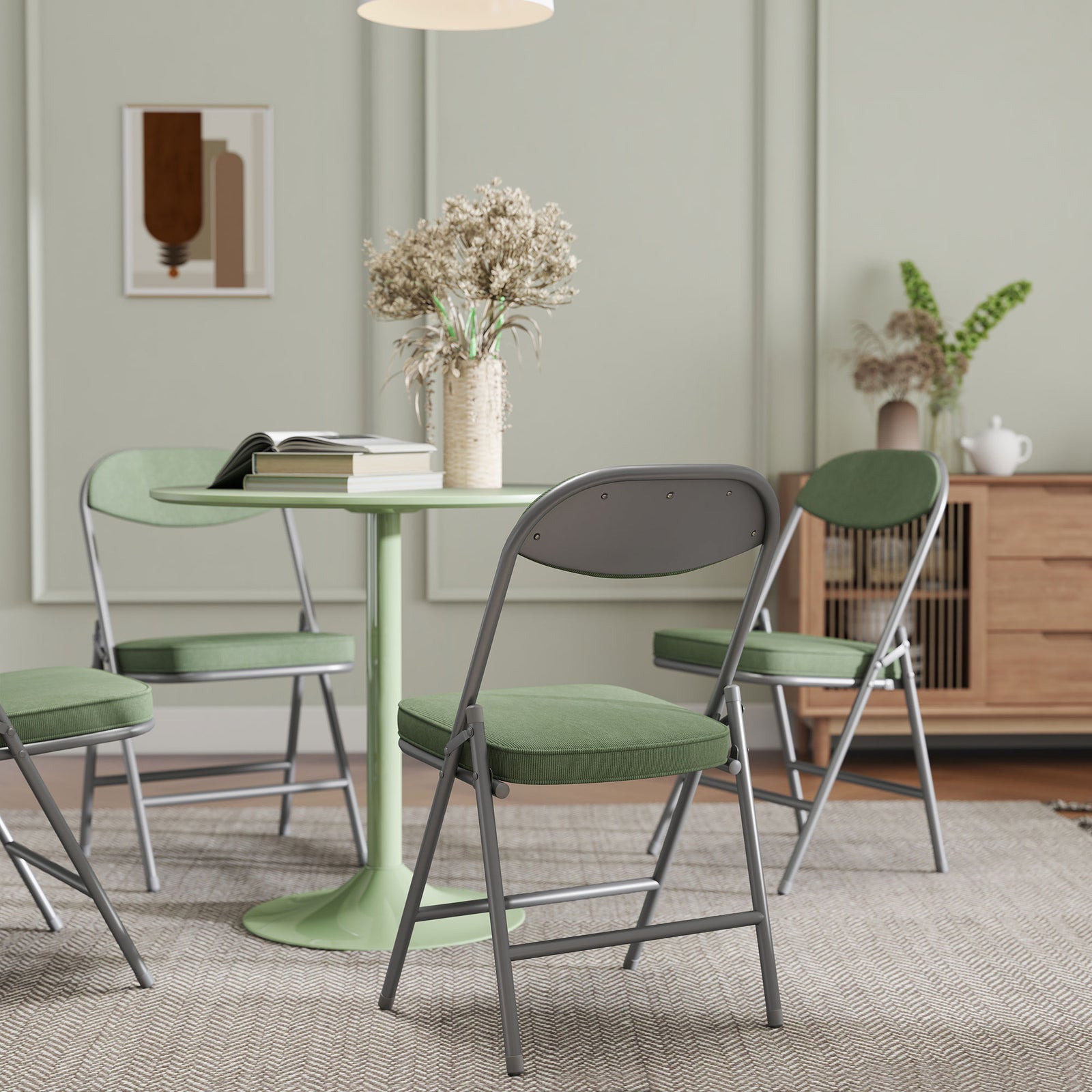 Folding Chairs Set Of 4 With Cushioned Seat, Steel Frame | Green