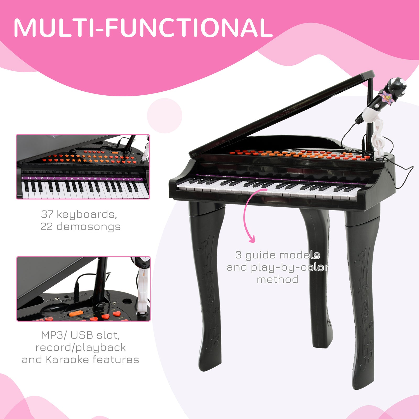37 Key Musical Mini Piano Electrionic Keyboard Microphone Stool | Black