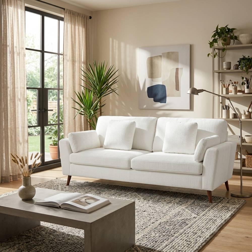 2-seater Chenille Upholstered Sofa With Pillows | White