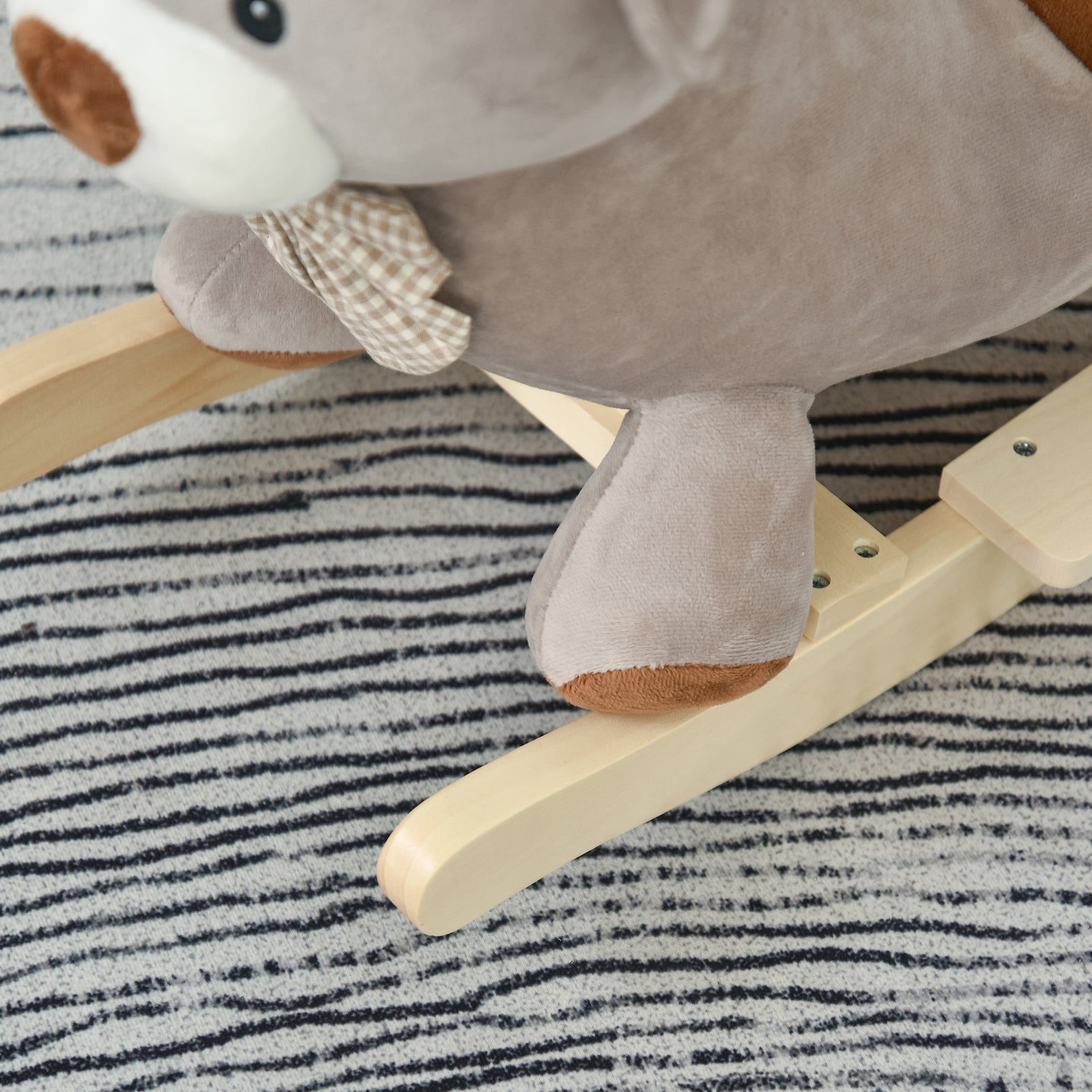 Kids Rocking Bear Plush Ride On Seat W/ Sound Button Wood Base Seat Belt