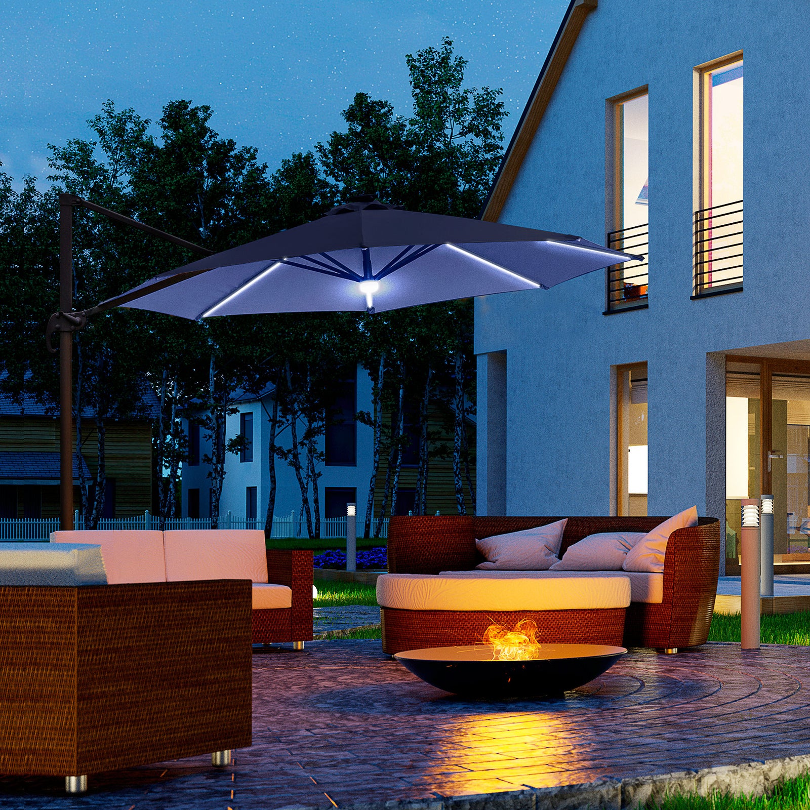 3m Led Cantilever Parasol W/ Base Solar Lights | Blue