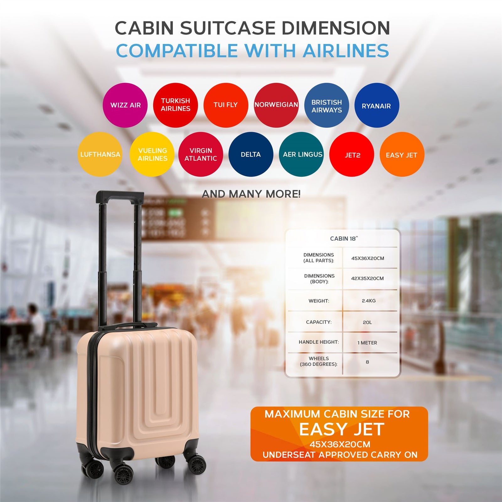 45x36x20cm Lightweight Underseat Cabin Carry On Suitcase - 100+ Airline Approved - Hard Shell Luggage - 4 Wheels | 45 x 36 x 20cm | Champagne