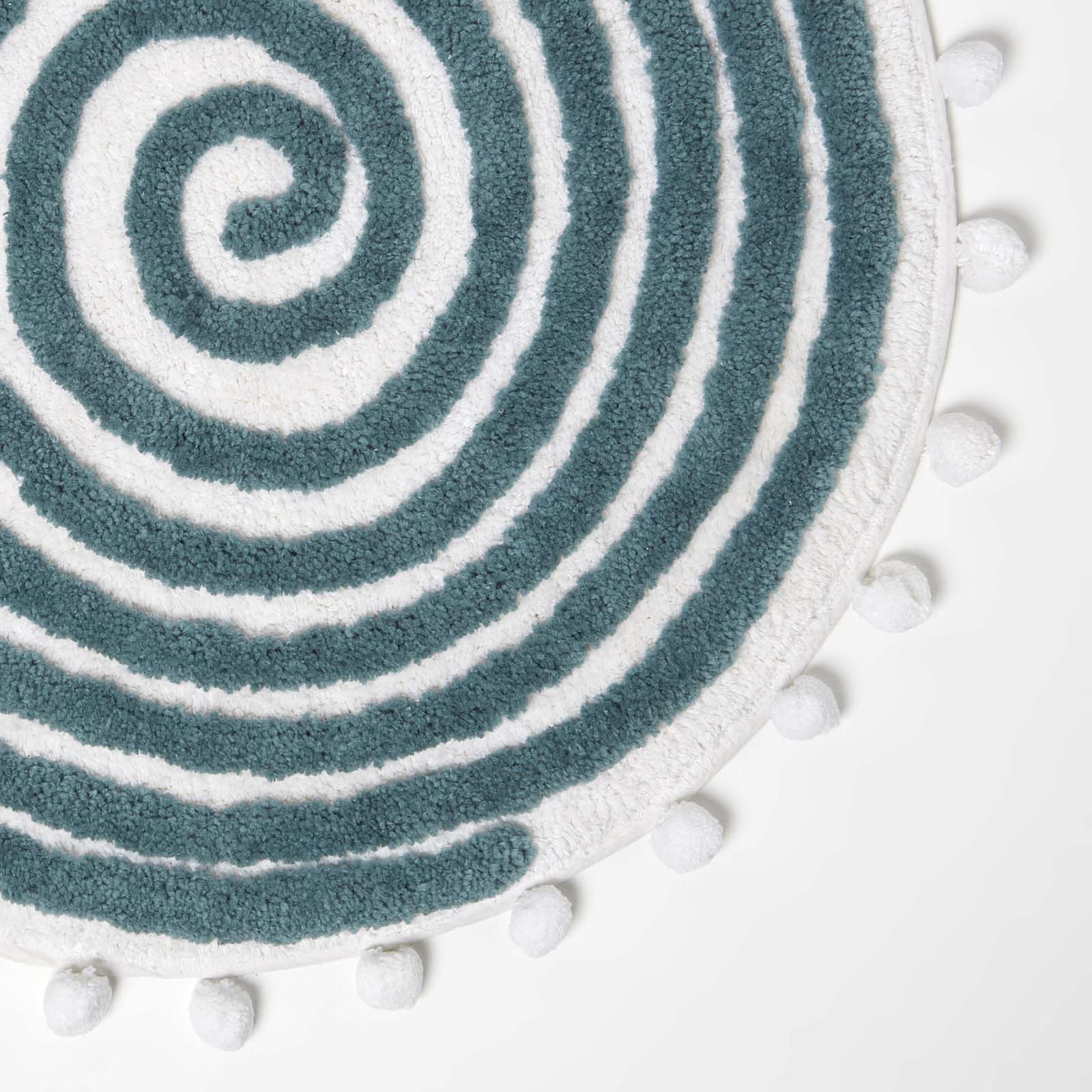 Spiral Cotton Round Bath Mat With Pom Pom Edges | 60cm | Teal