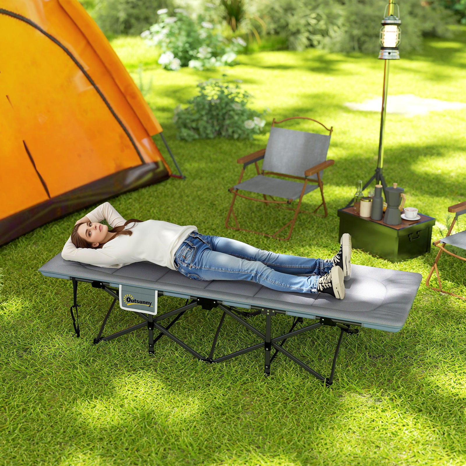 Folding Camping Bed With Cushion | Gray