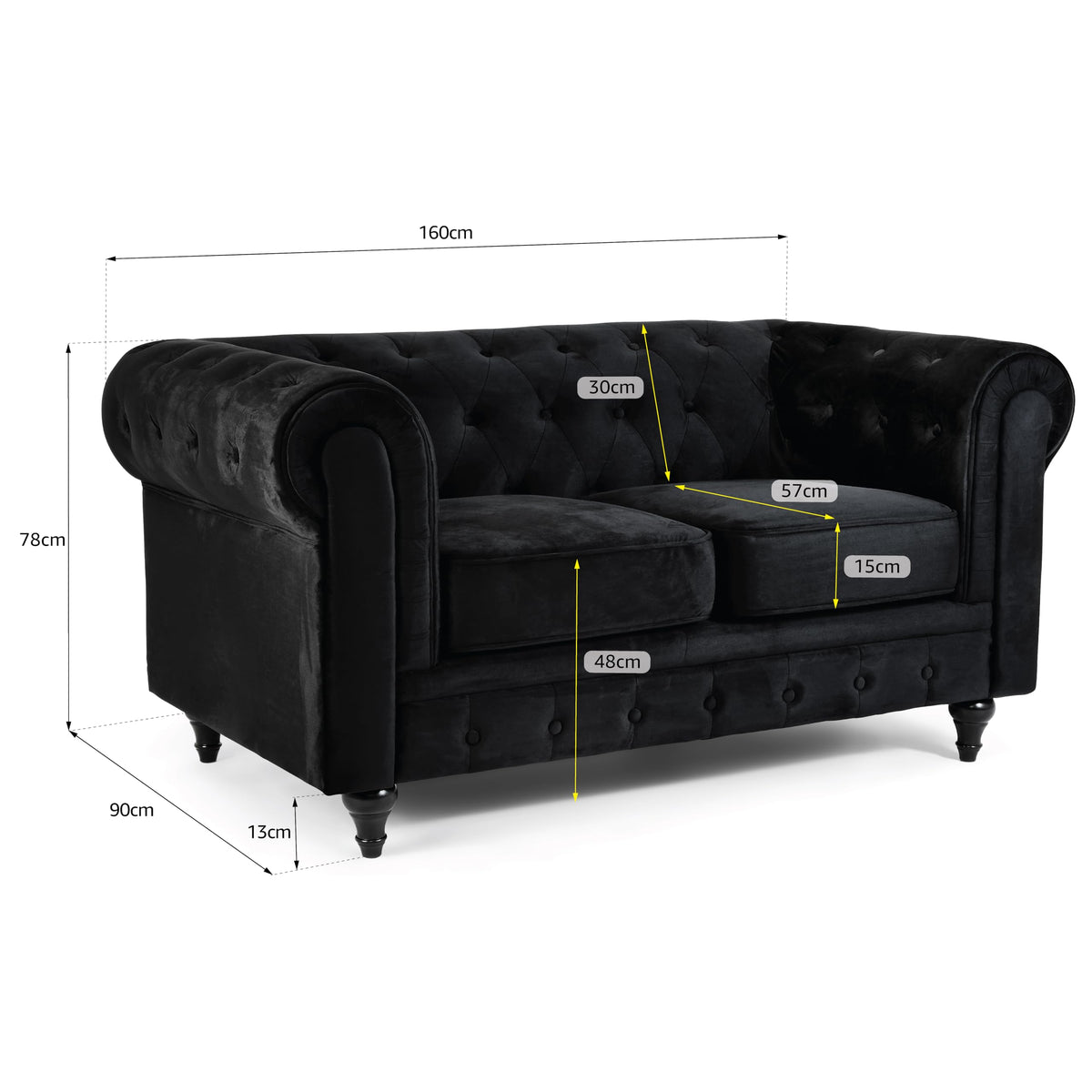 Chesterfield Scroll Arm Velvet Sofa 2 Seater | Black
