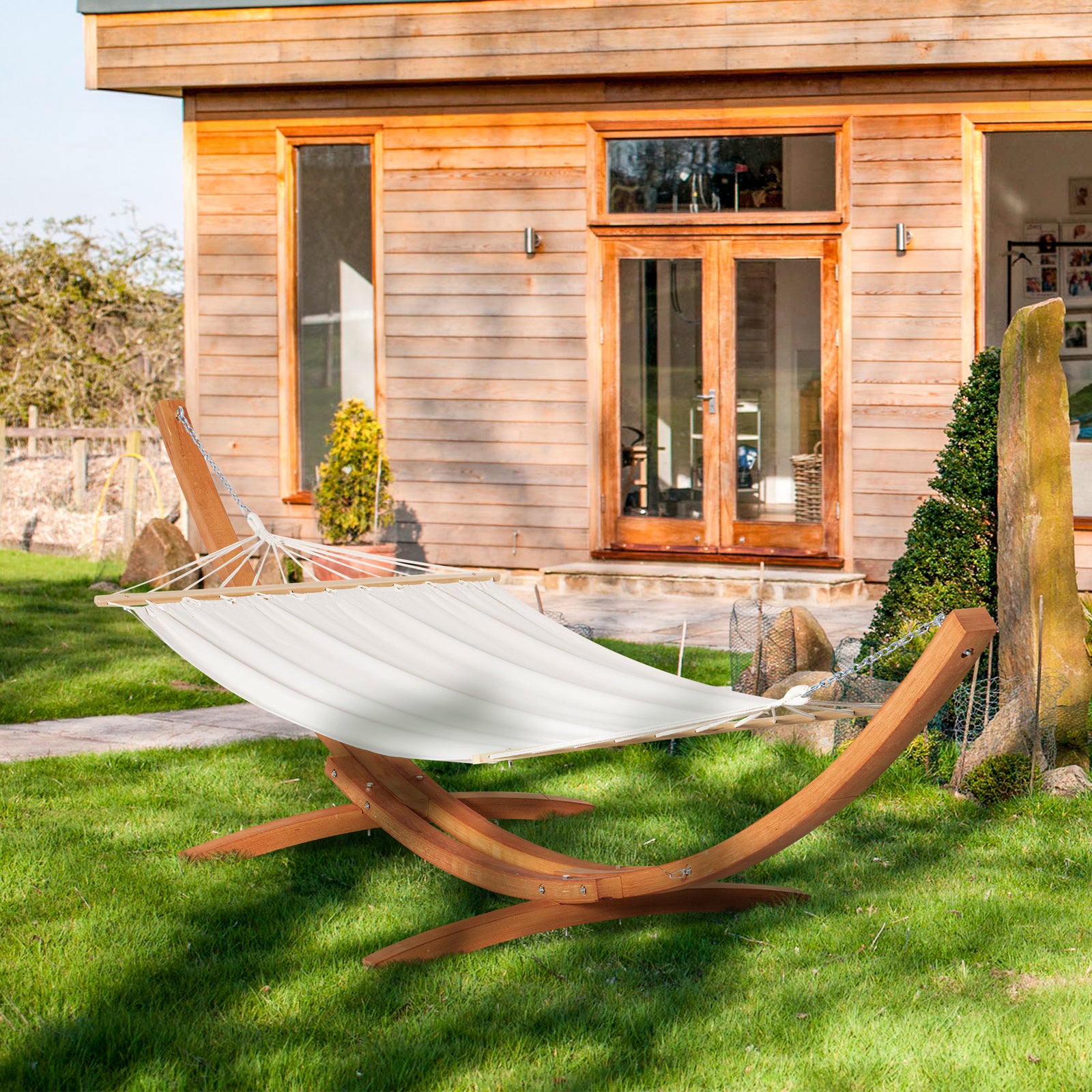Outdoor Garden Hammock With Wooden Stand Swing Hanging Bed