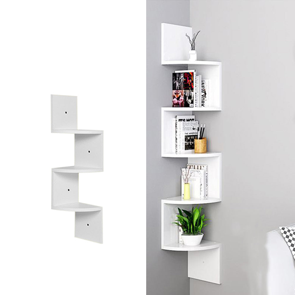5-tier Wooden Zigzag Floating Corner Shelves Wall Mounted Rustic Corner Shelf | White