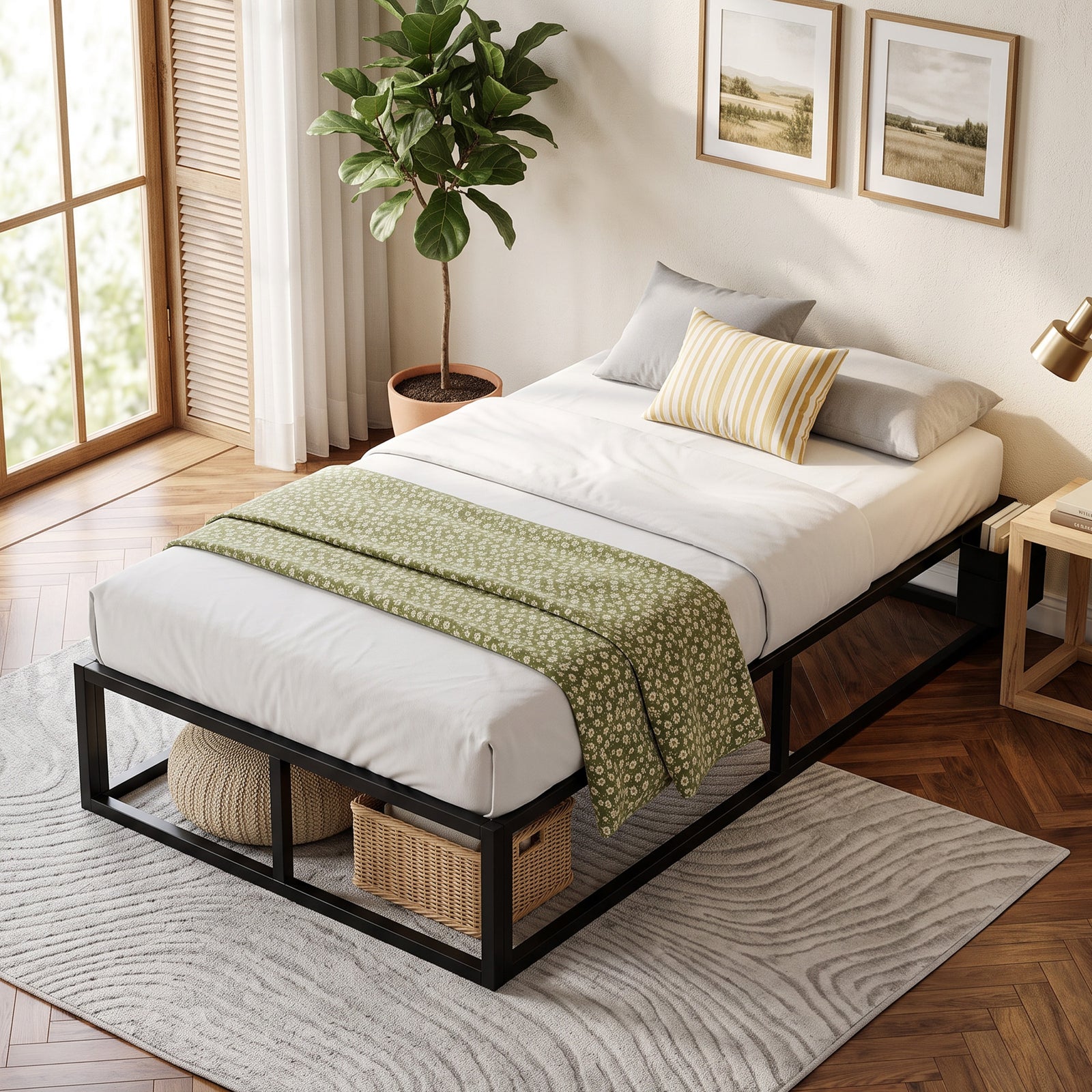 HOMCOM 12 Slats Metal Platform Bed Frame With Storage Bag, Black