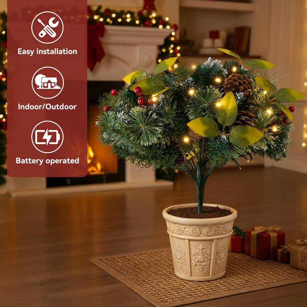 2pcs Artificial Pre-lit Christmas Planter Bushes Decorations