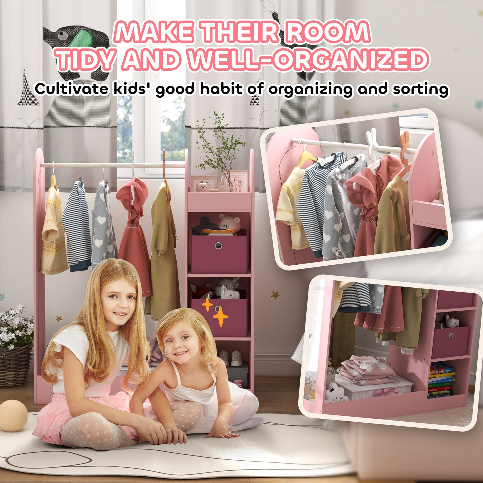 Kids Cloth Rail With Storage Shelf, Boxes, Mirror For Bedroom | Pink
