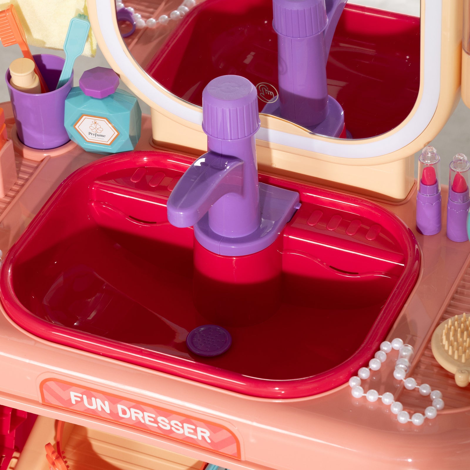 Kids Dressing Table W/ Mirror, Led Light, Music, 23 Accessories