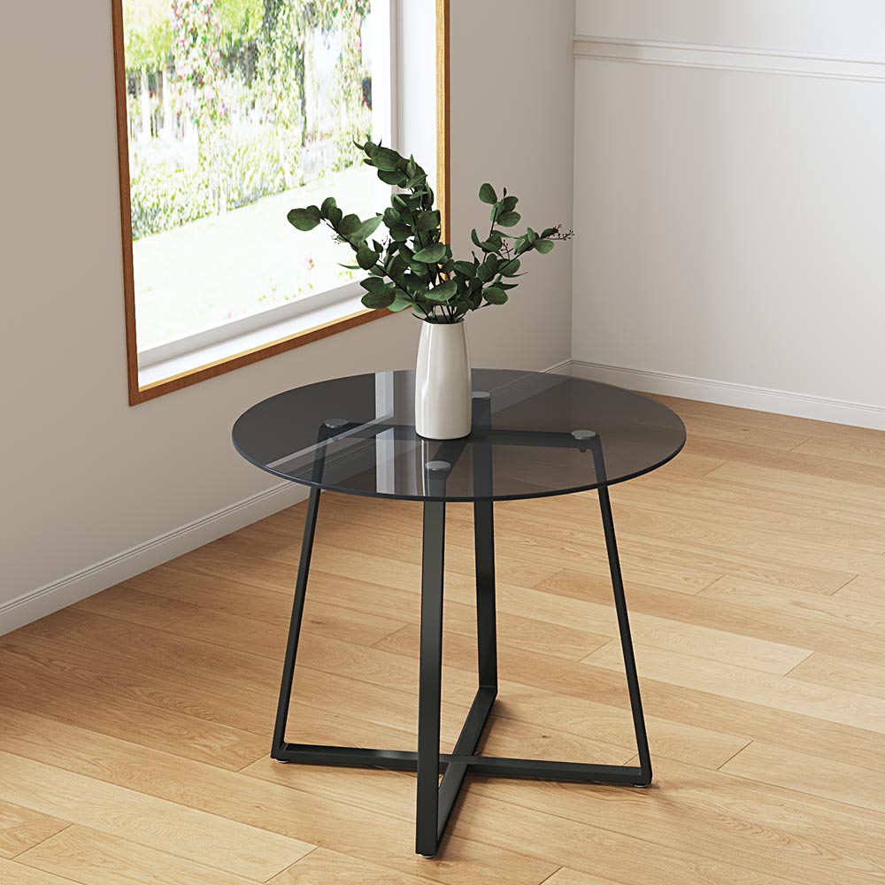 90cm Dia Modern Round Dining Table With Tempered Glass Top