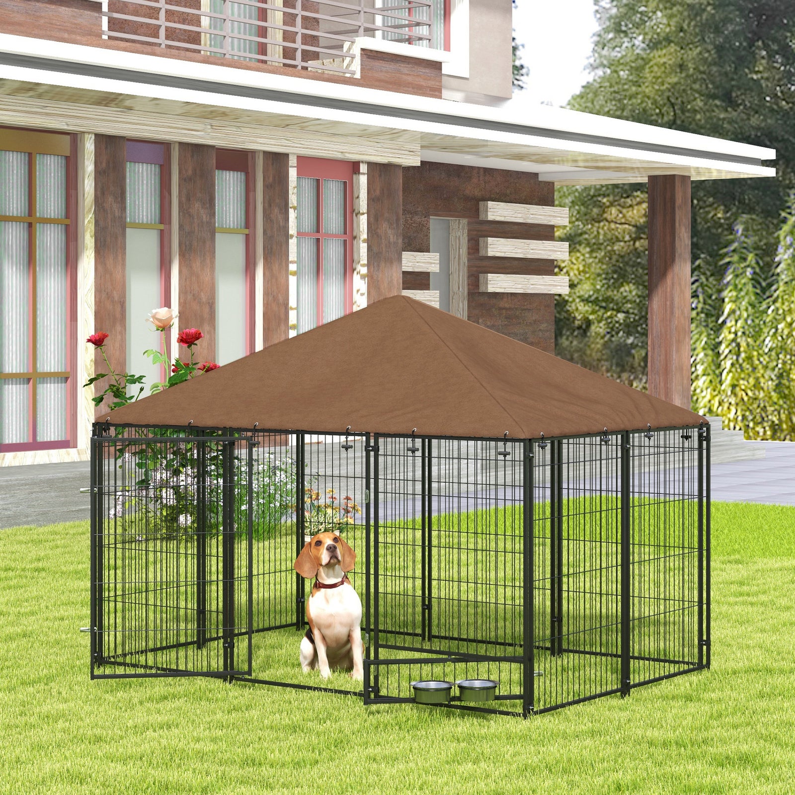 Outdoor Dog House W/ Canopy Top, Lock, Bowl Holder