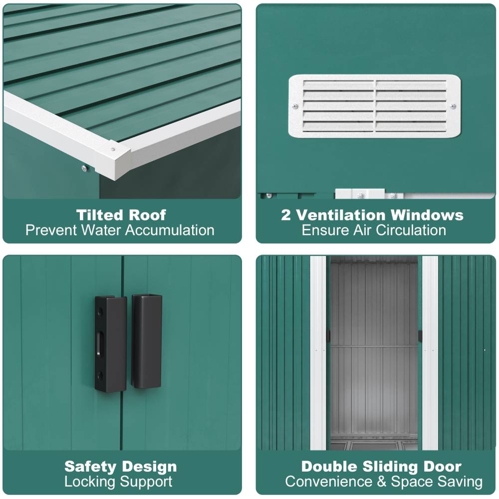 4x6ft Metal Storage Shed With Double Doors,ventilation And Foundation Frame Flat Roof Outdoor Tool Shed For Garden | Dark Green
