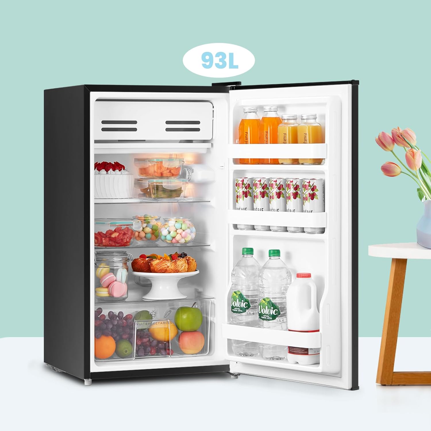 93l Compact Multi-layer Fridge With Cooler Box, 3 Removable Glass Shelves & Reversible Door | Black