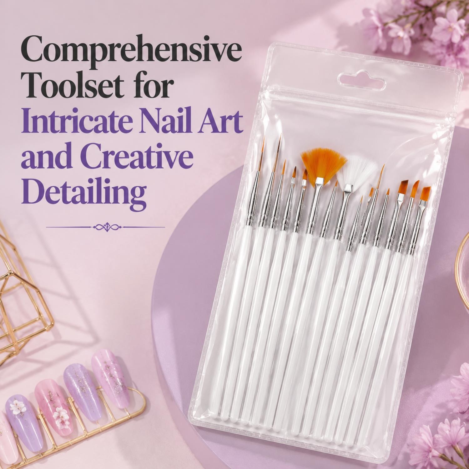 Envie Nail Art Brush Set 15pc Gel Acrylic Polish Design Painting Drawing Pen Pack