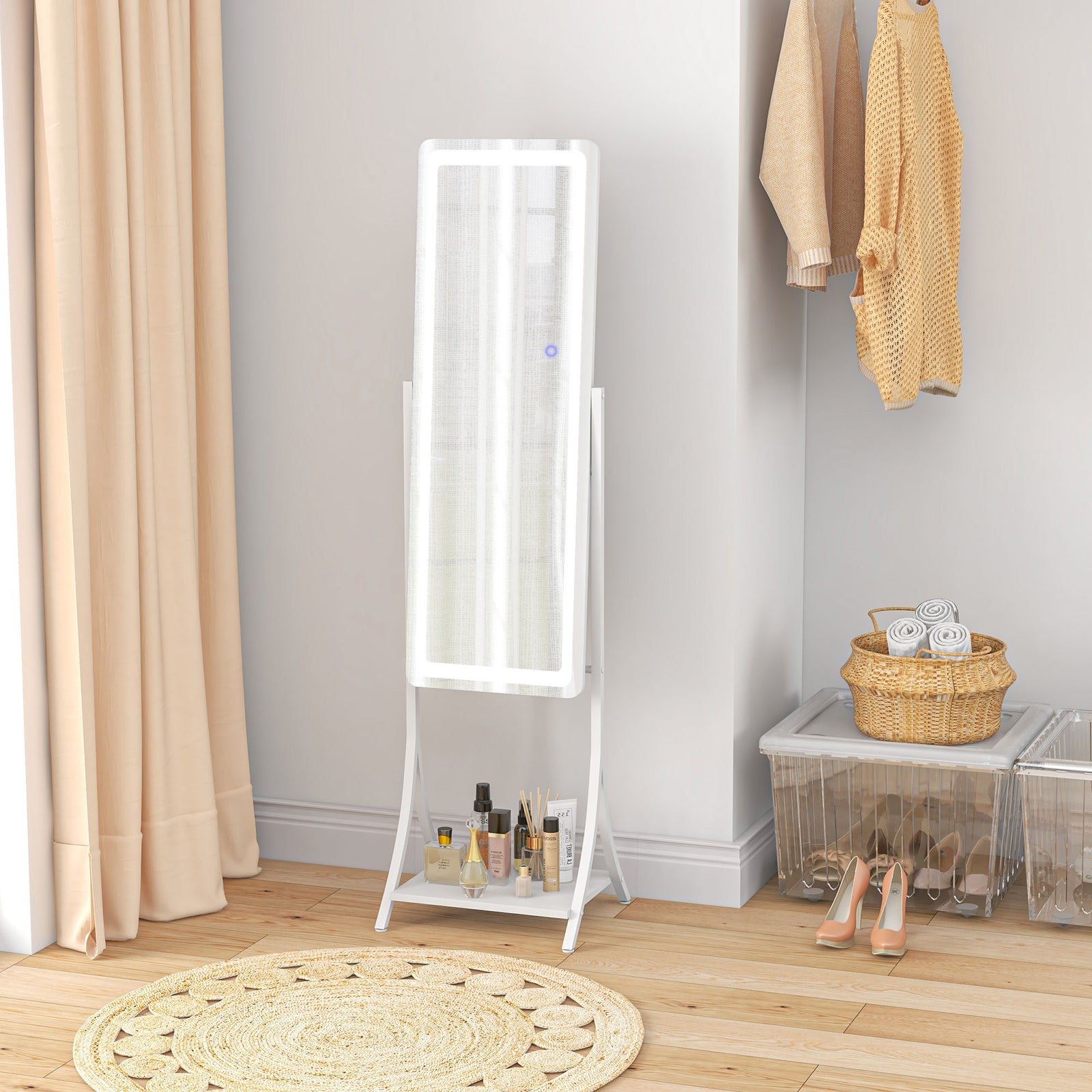 Led Lighted Floor Standing Mirror With Storage Shelf
