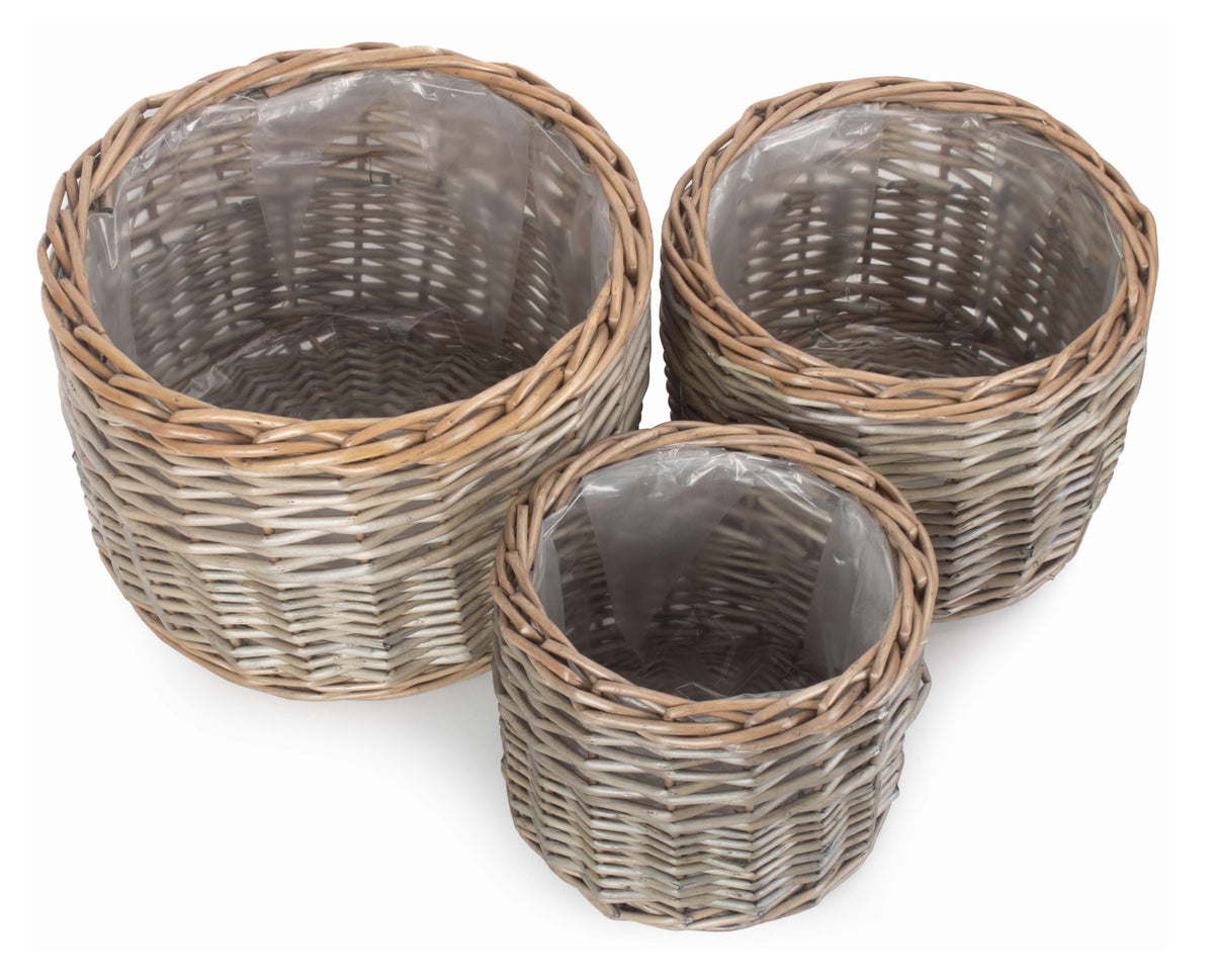 Wicker Round Antique Wash Planter | Set of 3
