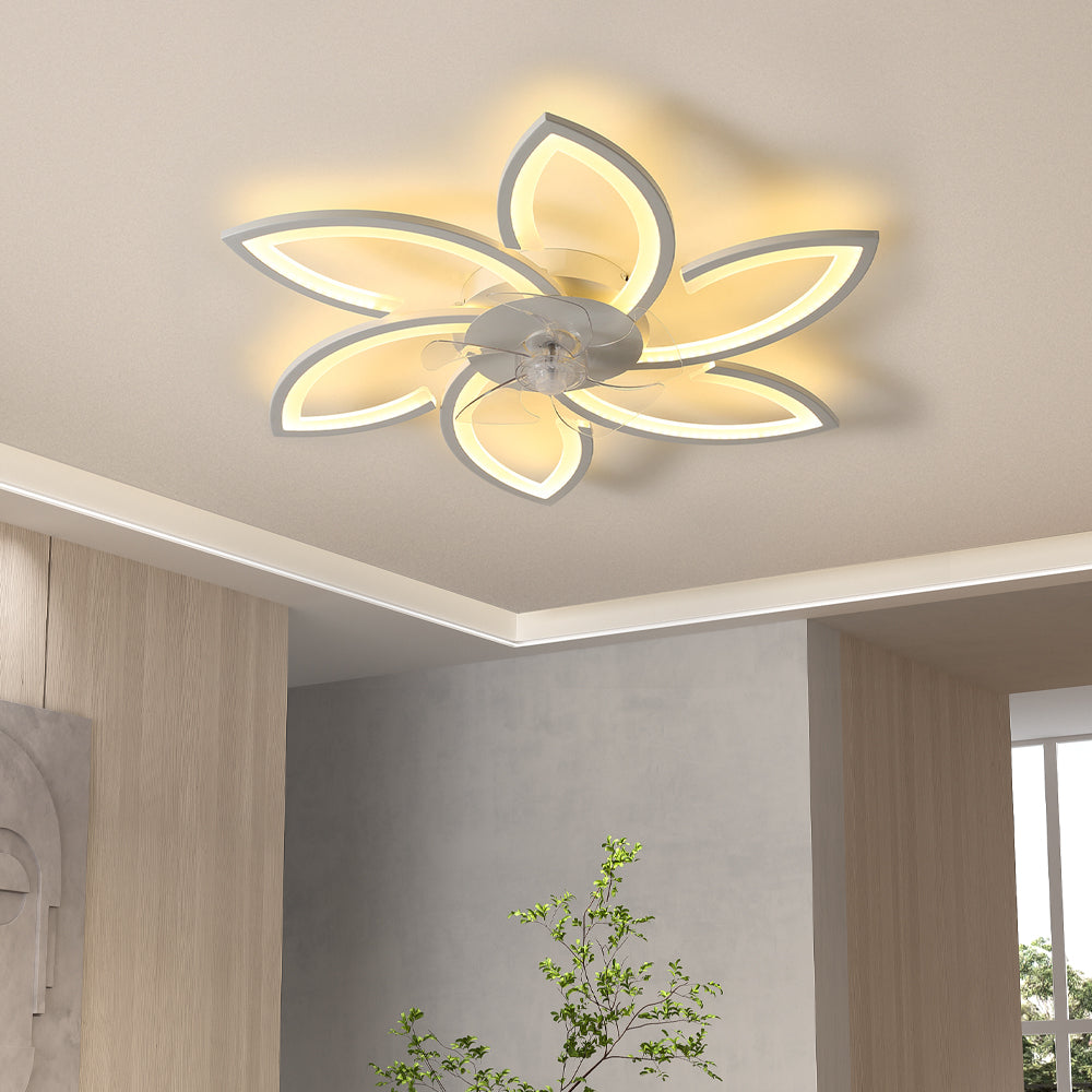 White 6-petal Ceiling Fan Light 3 Blades With 3-color Dimming, 6-speed ​, Remote Control, Timer & App Control