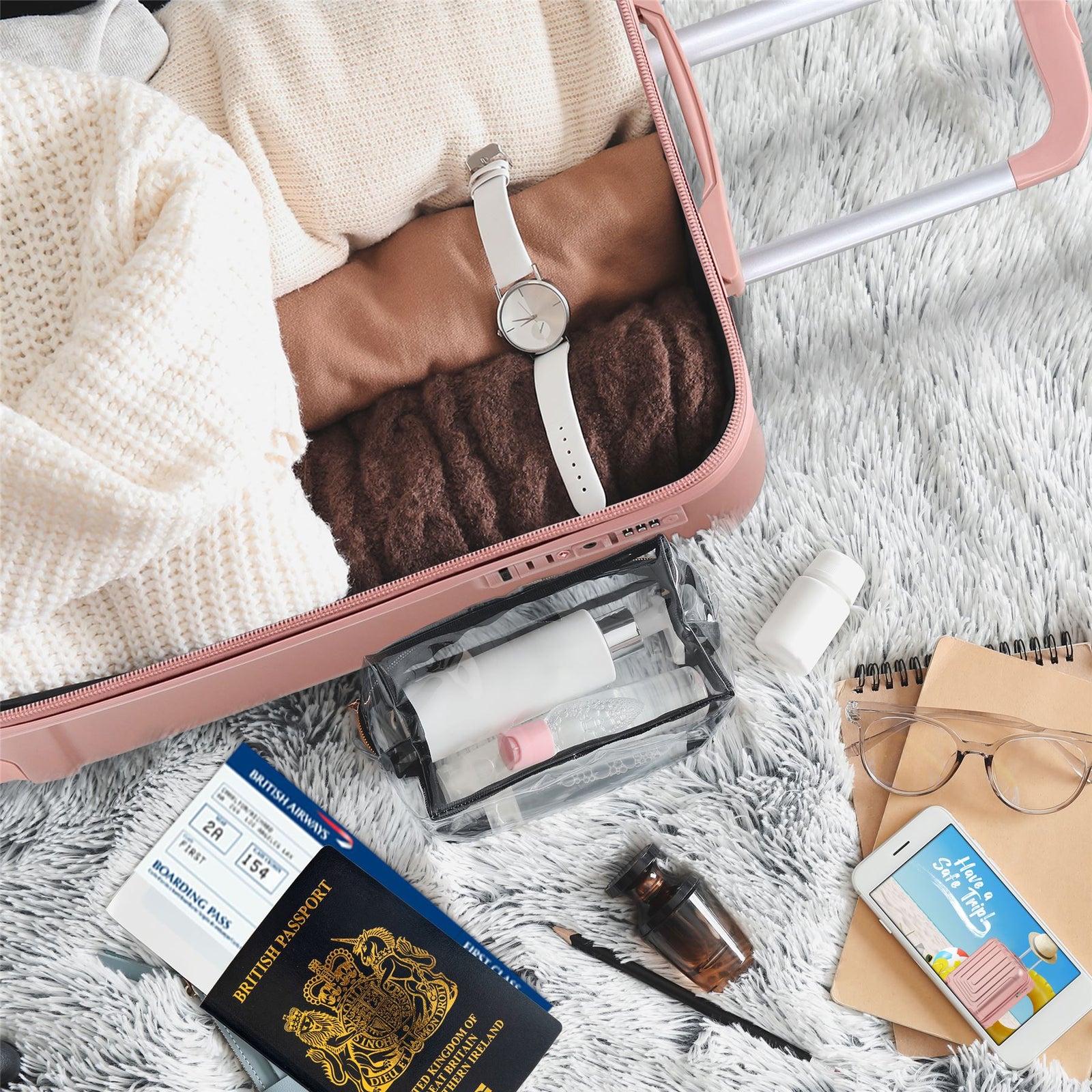 56x45x25cm Large Cabin Carry On Case - Overhead Luggage Suitcase - 4 Spinner Wheels - Abs Hard Shell Cabin Bag | Cabin | Rose Gold