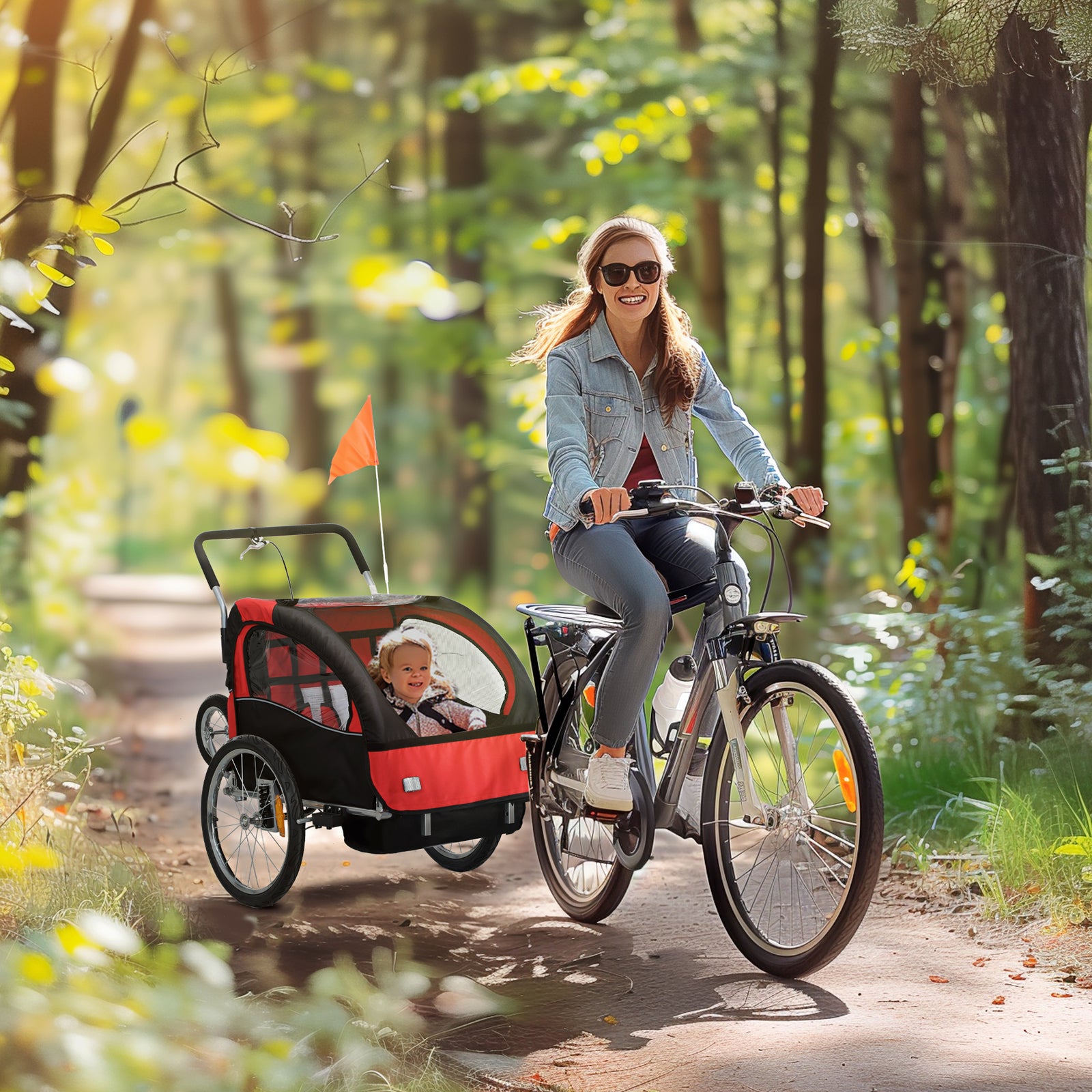 2 Seat Bike Trailer With 5 Point Harness, Safety Flag, Reflectors | Red