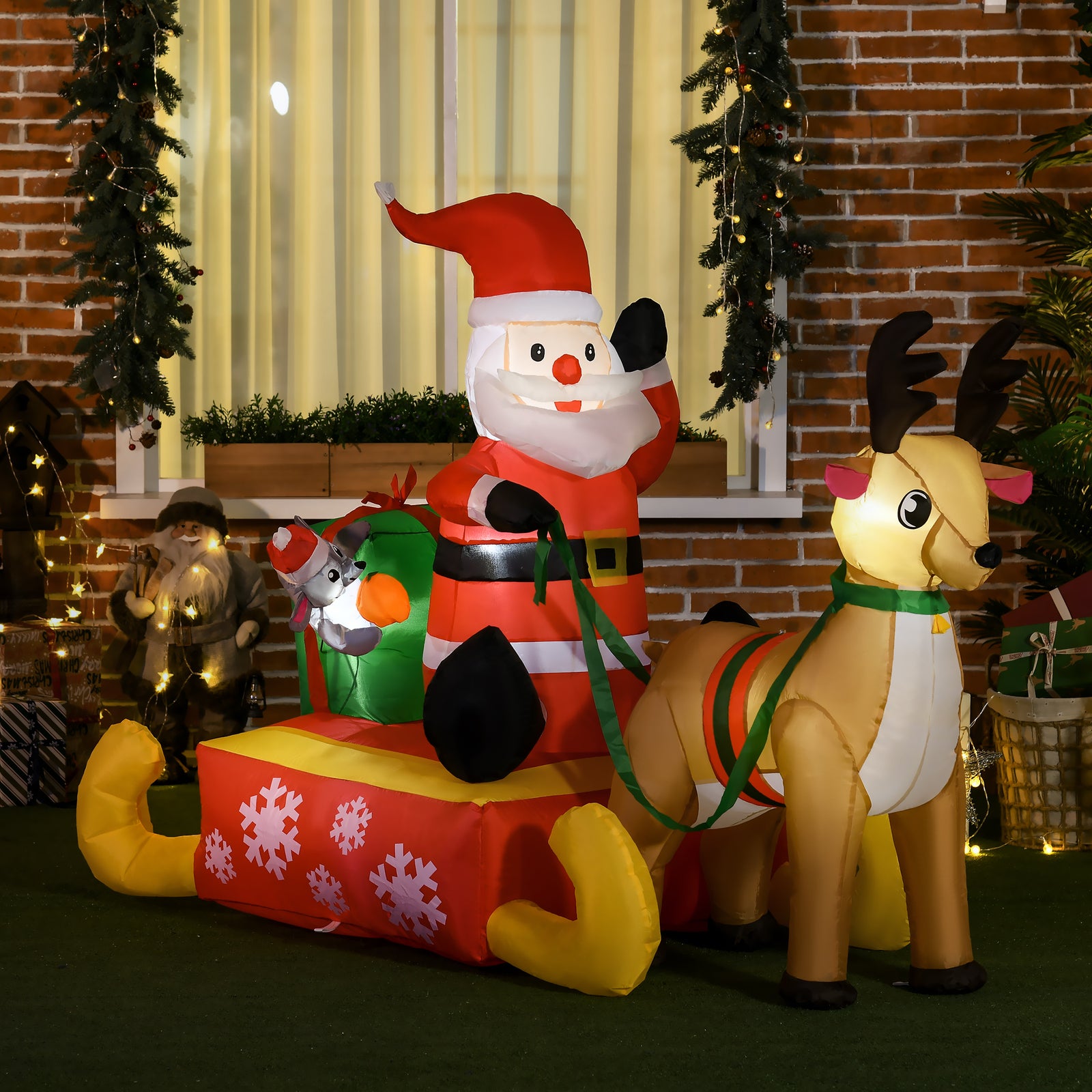 4ft Inflatable Santa Claus With Sled And Reindeer Xmas Led