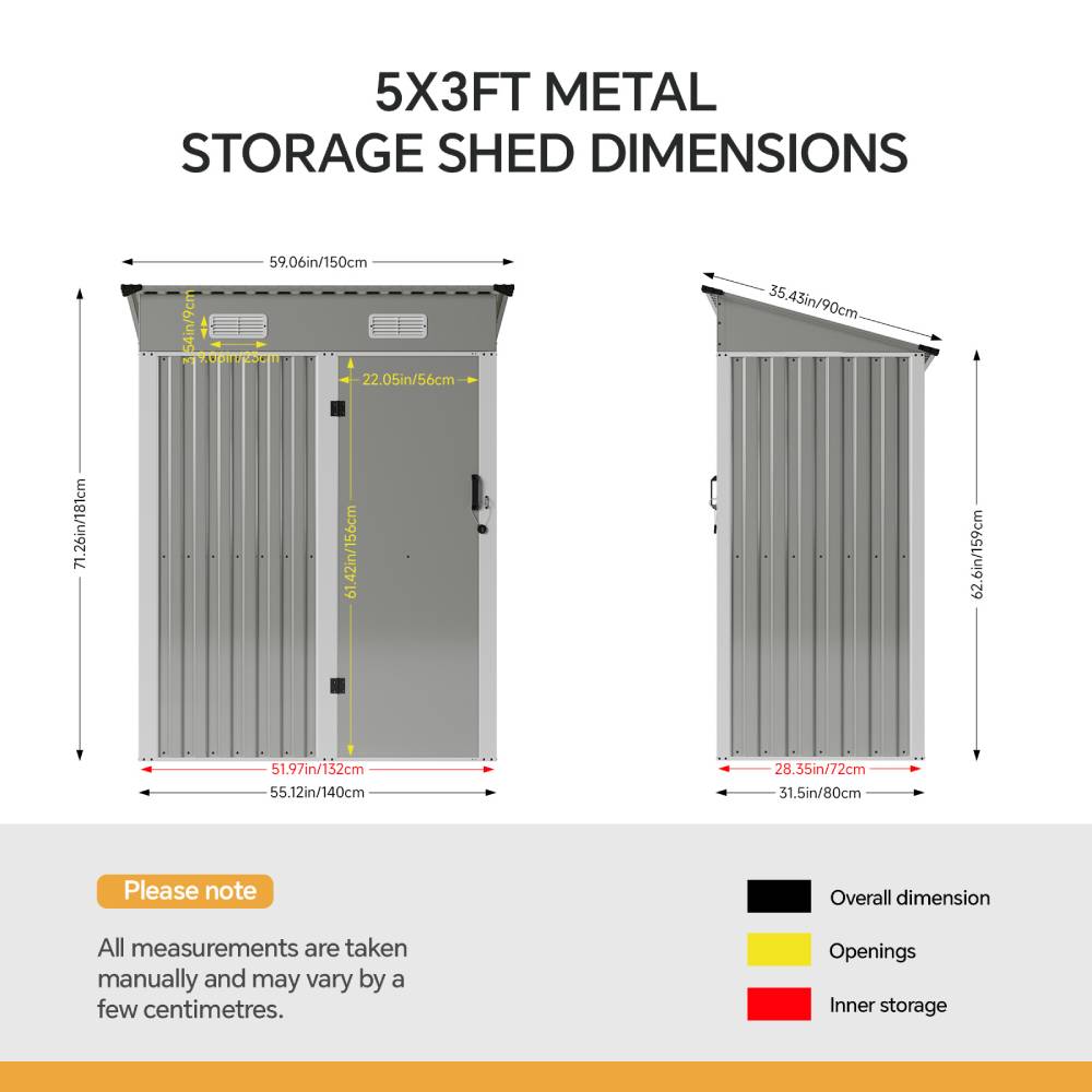 5 X 3ft Metal Garden Storage Shed With Lockable Door | Light Grey