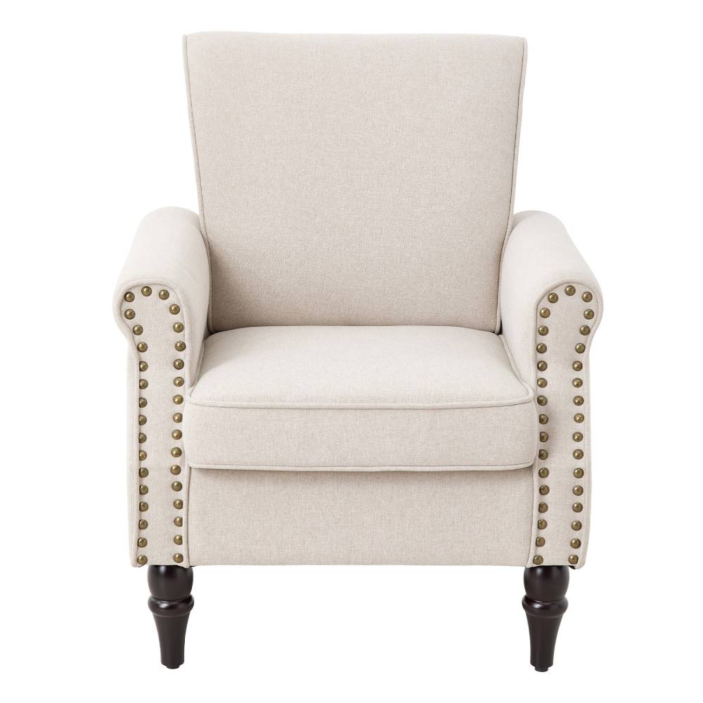 Beige Velvet Linen Wingback Armchair – Accent Chair With Nailhead Trim