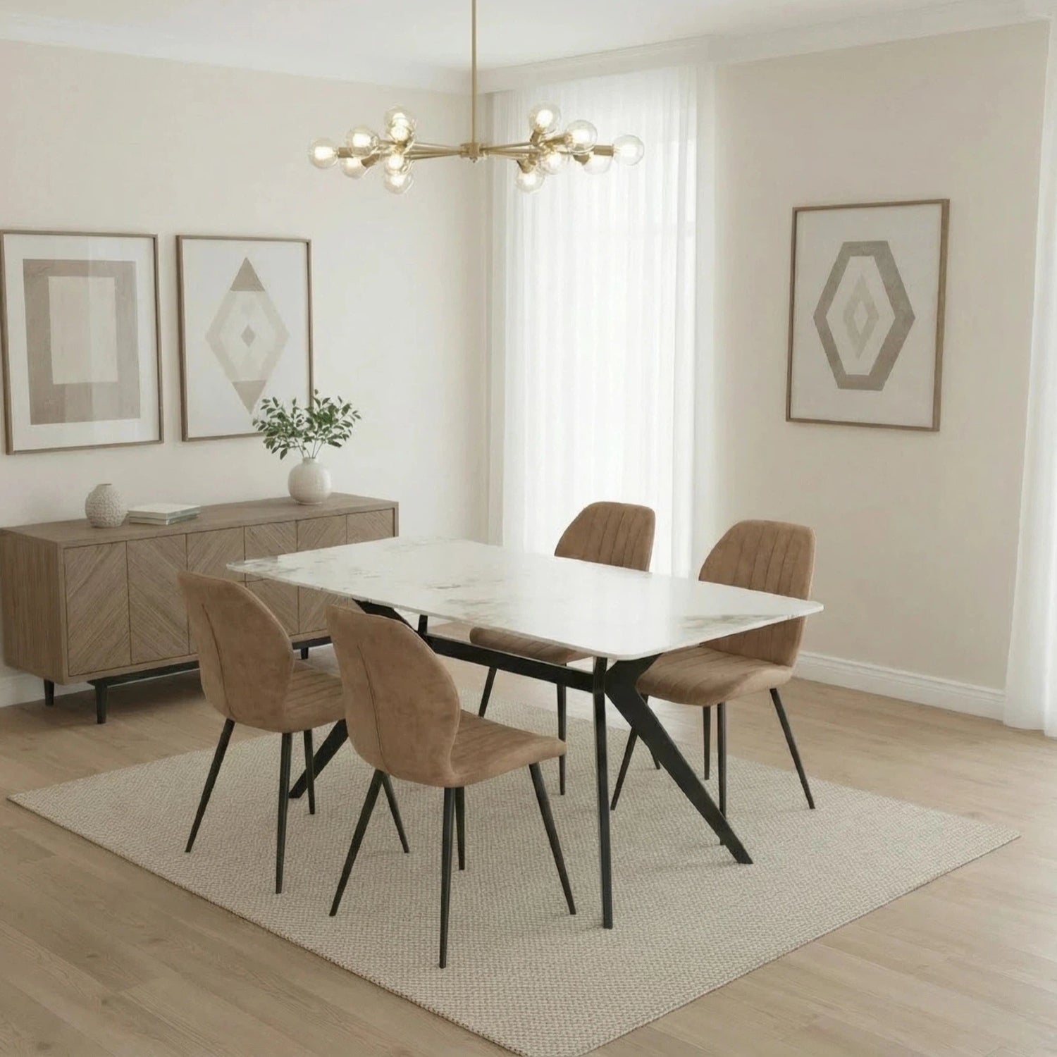 San Diego Marble Top Dining Table With Jaydn Leather Chairs | Tan