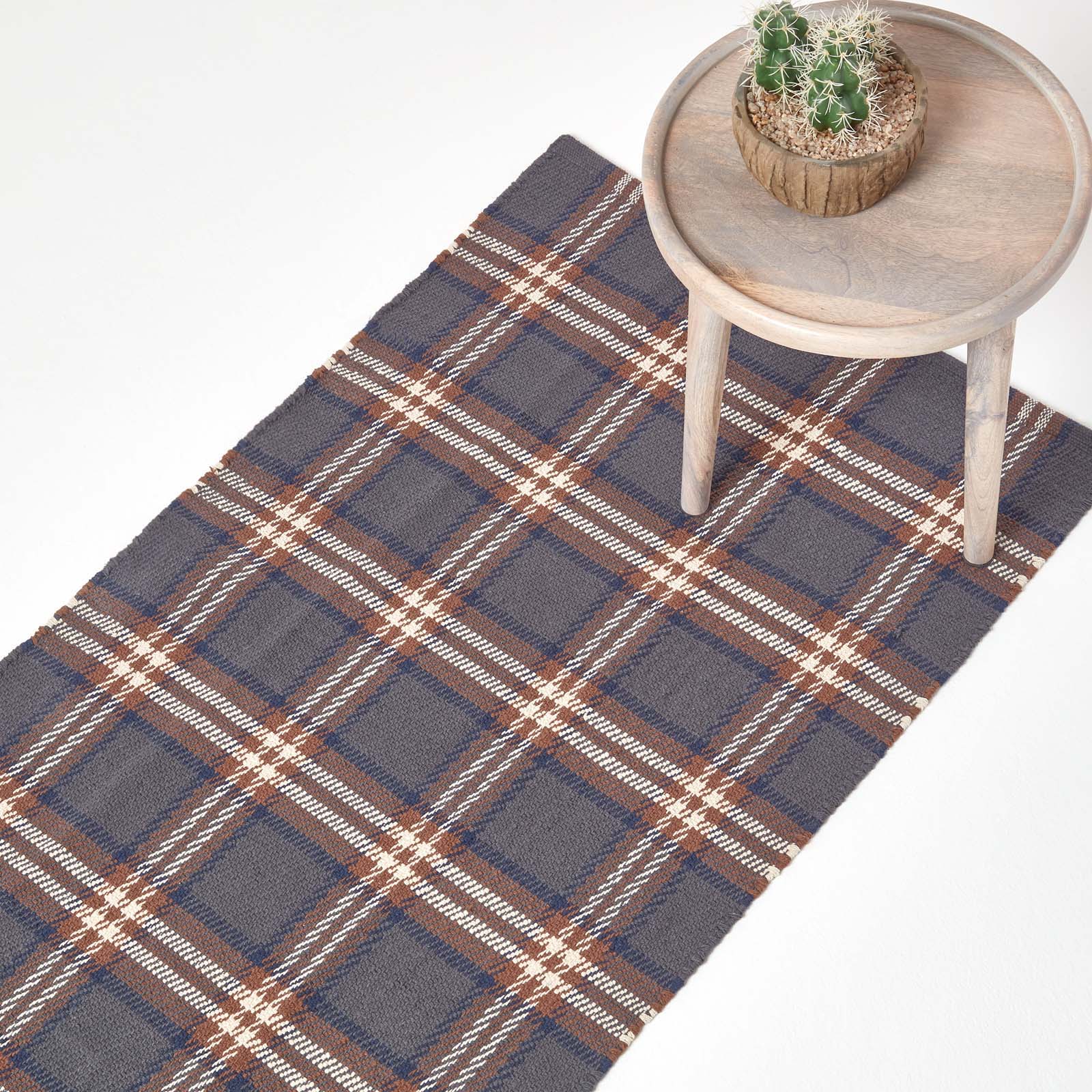 Wilson Handwoven Blue, Yellow And Brown Tartan 100% Cotton Rug | 200cm | Grey
