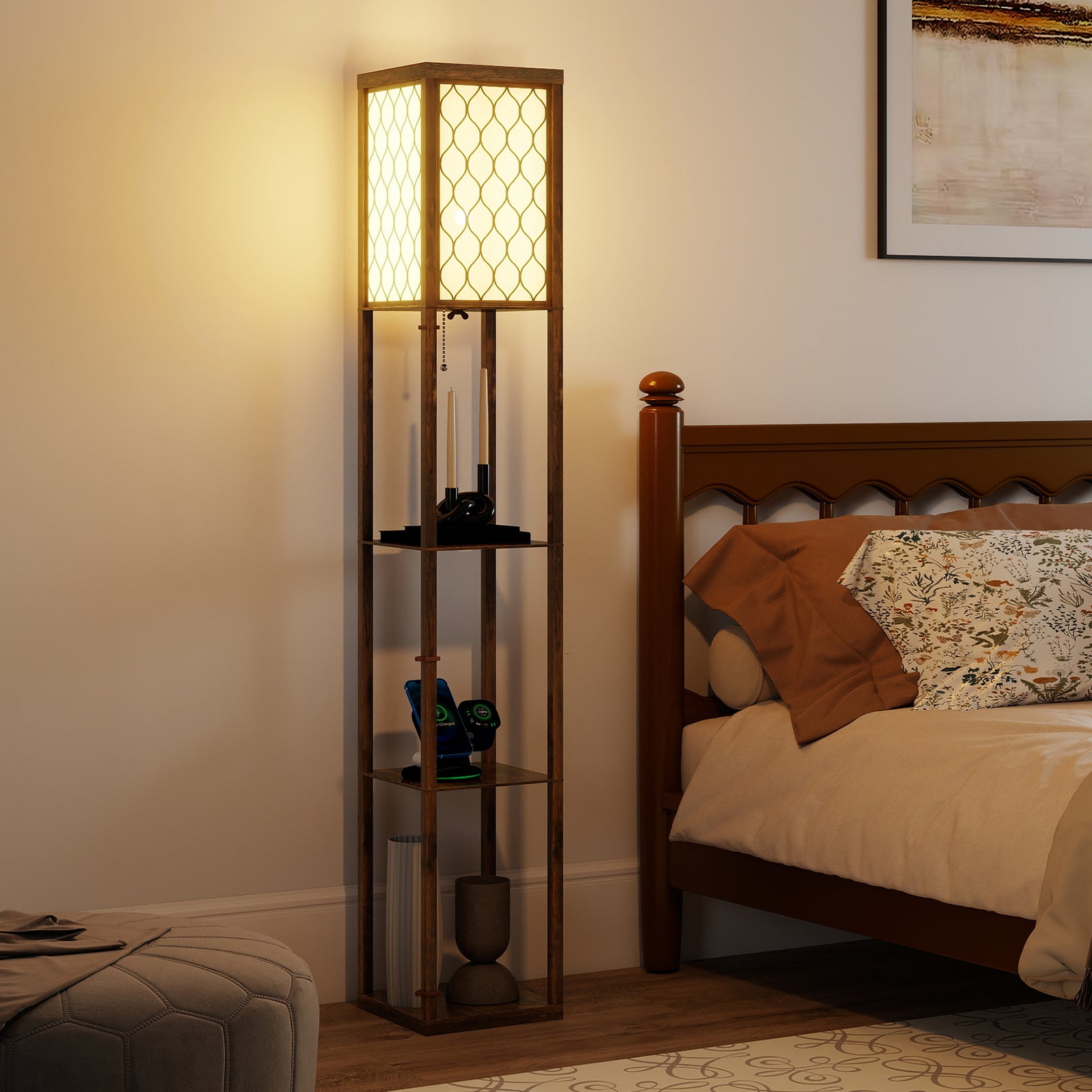 HOMCOM Modern Floor Lamp Light With 3 Shelves Fabric Lampshade, Rustic Brown