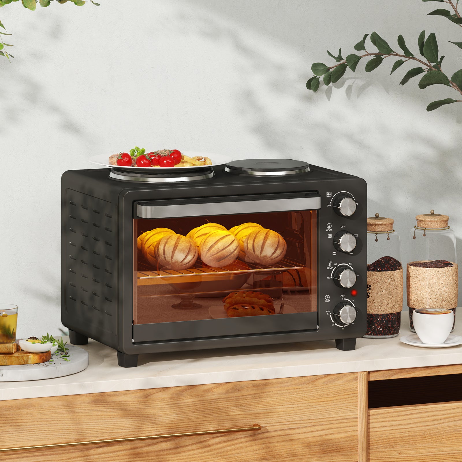28l Countertop Toaster Oven With 2 Hot Plates, Grill, Roast
