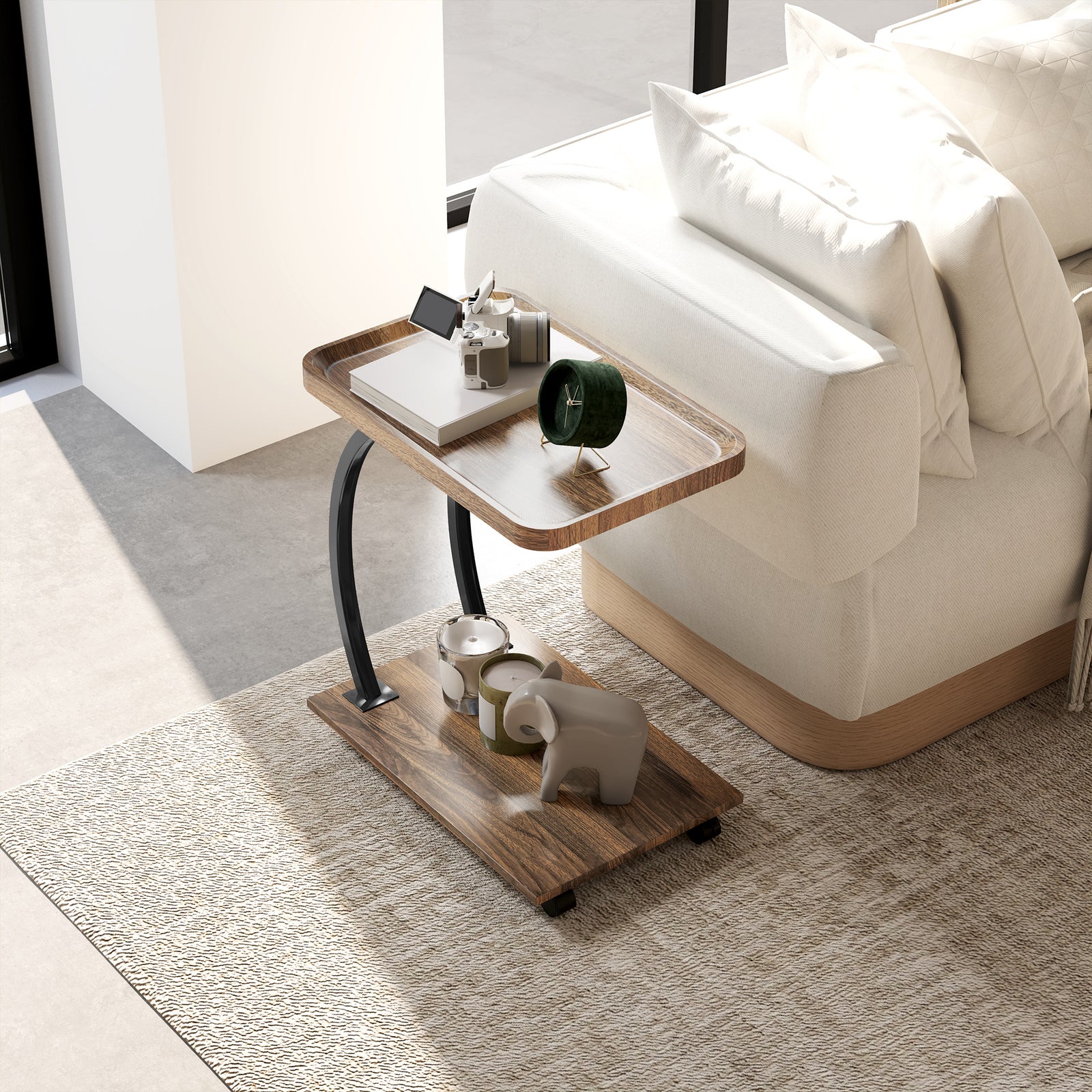 HOMCOM C Shaped Side Table With Storage & Wheels For Living Room, Brown