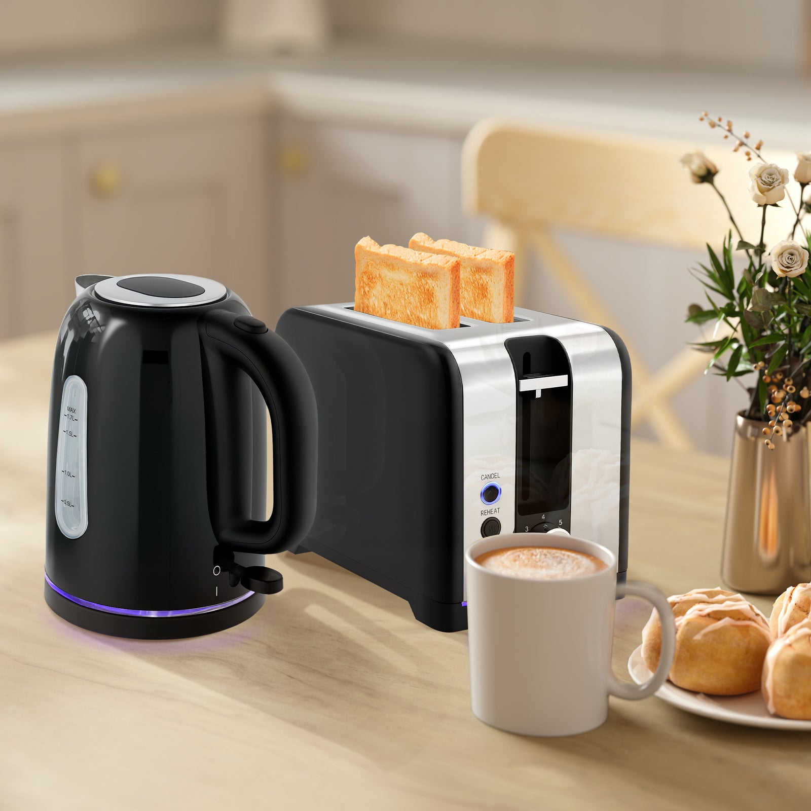 1.7l 3000w Rapid Boil Jug Kettle And 2-slice Toaster Set | Black