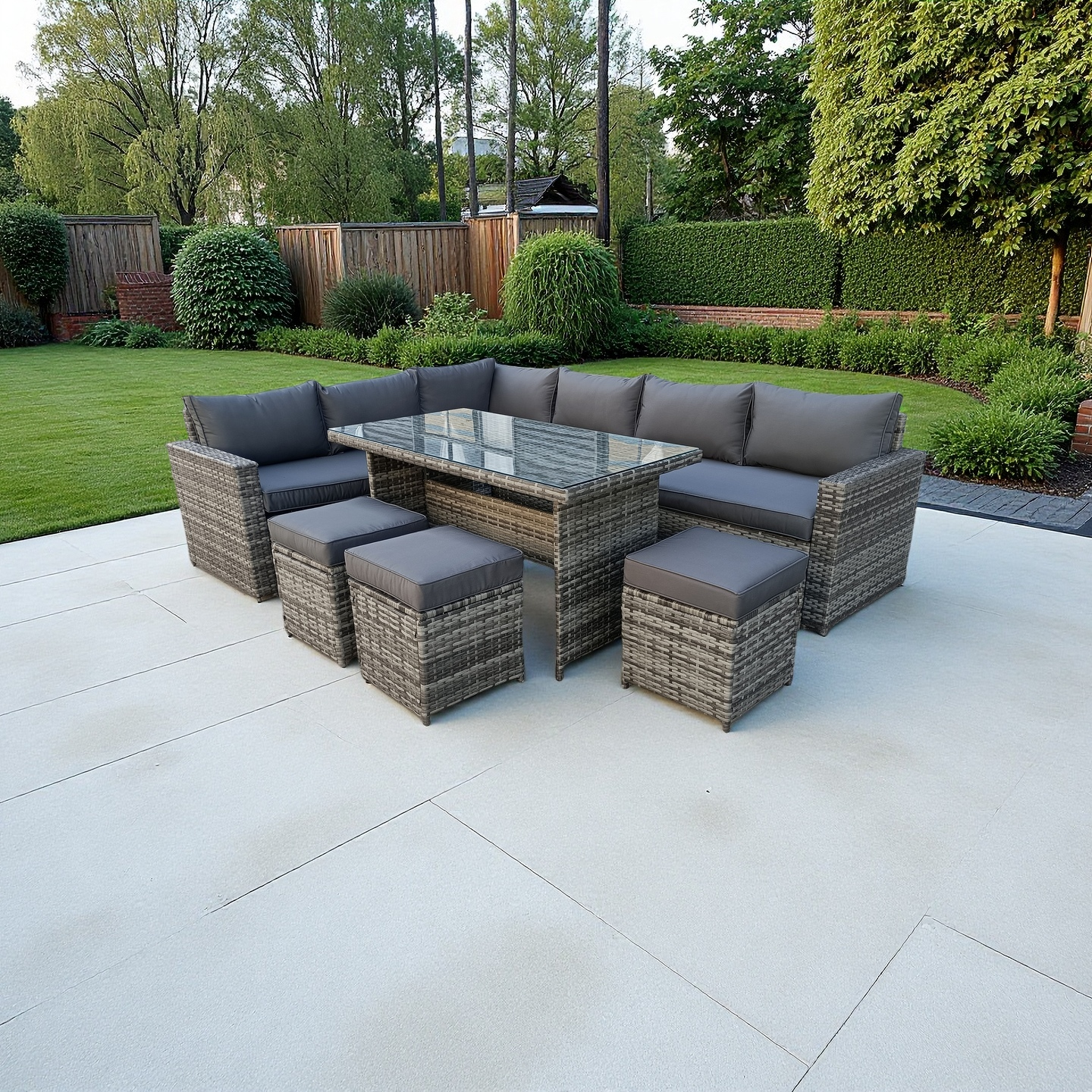 The Tarporley Grey 9 Seat Corner Rattan Dining Set - Fixed Table