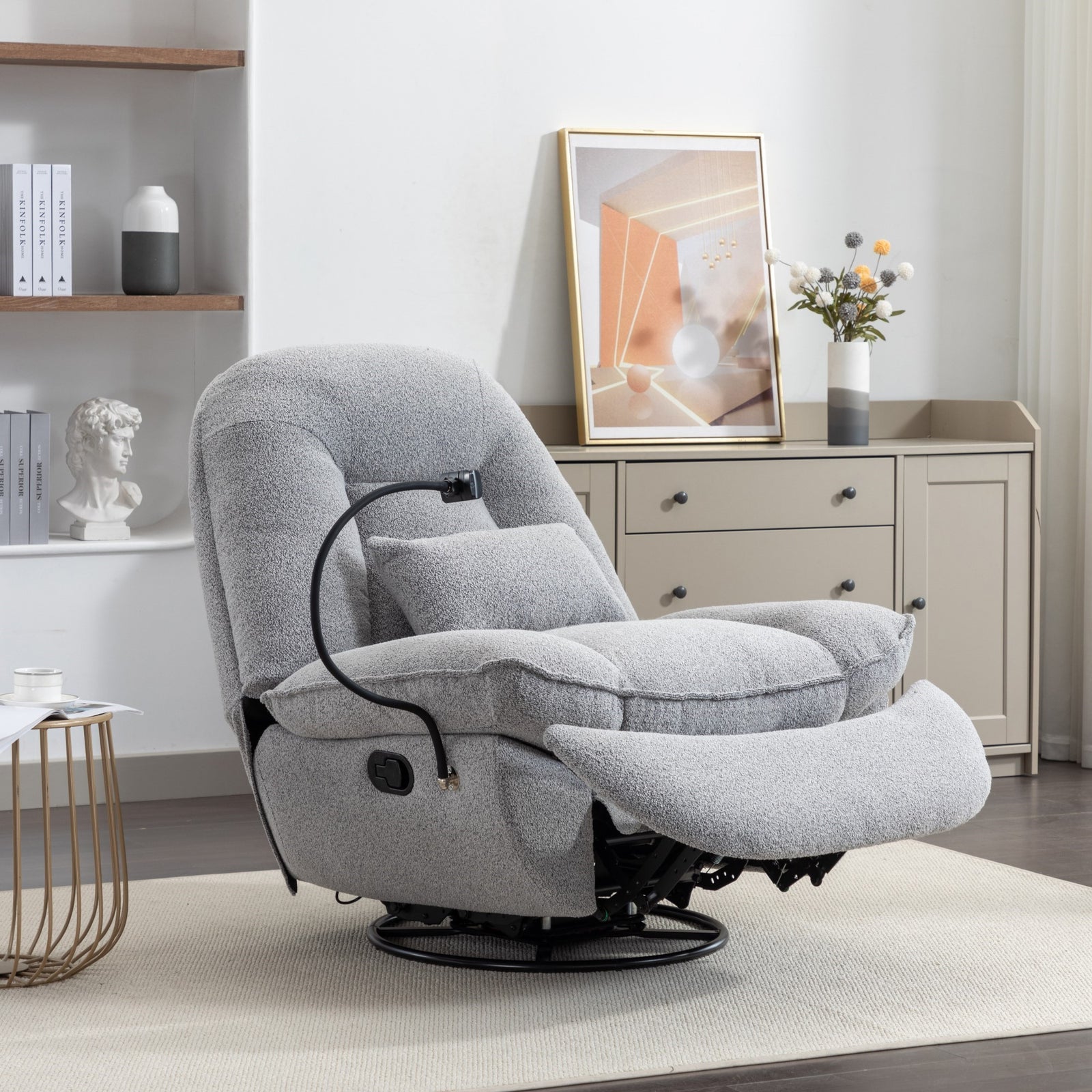 Fallon Boucle Fabric Swivel Based Recliner Chair Phone Holder | Light Slate Grey