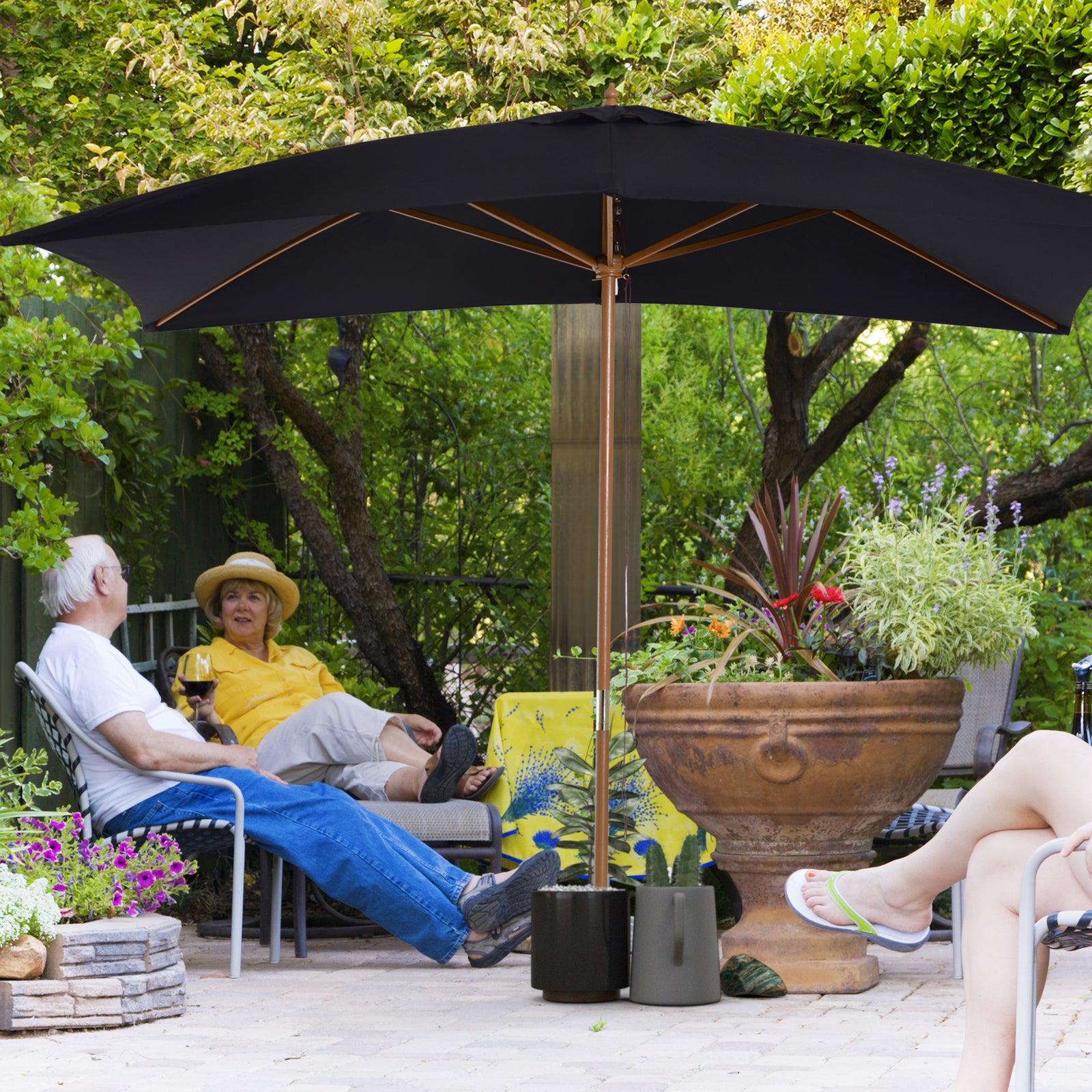 Wooden Garden Parasol Sun Shade Outdoor Umbrella Canopy | Black