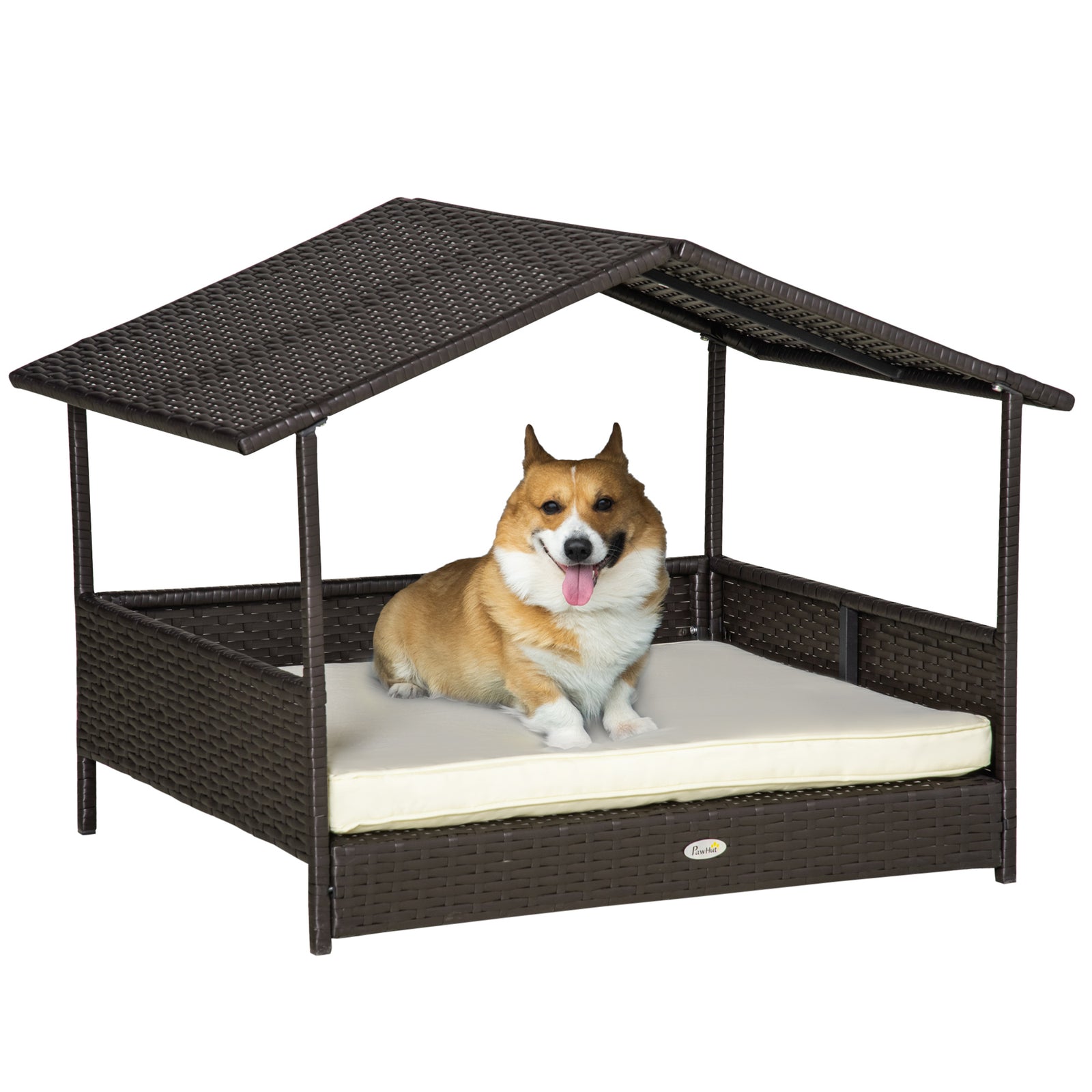 Pawhut Wicker Dog House, Rattan Pet Bed With Soft Cushion, Cat Basket | Cream