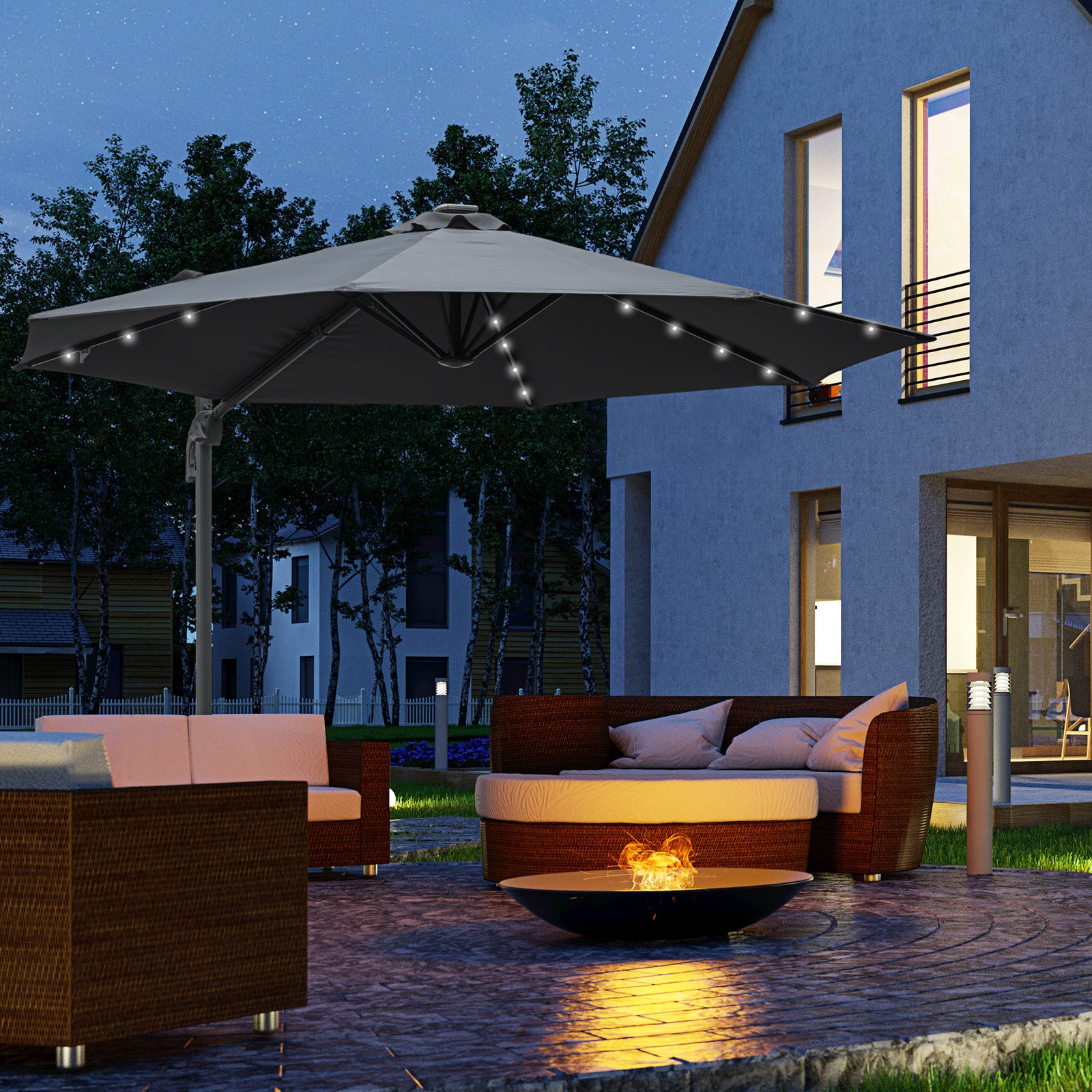 3m Led Cantilever Parasol W/ Solar Lights & Base | Dark Gray