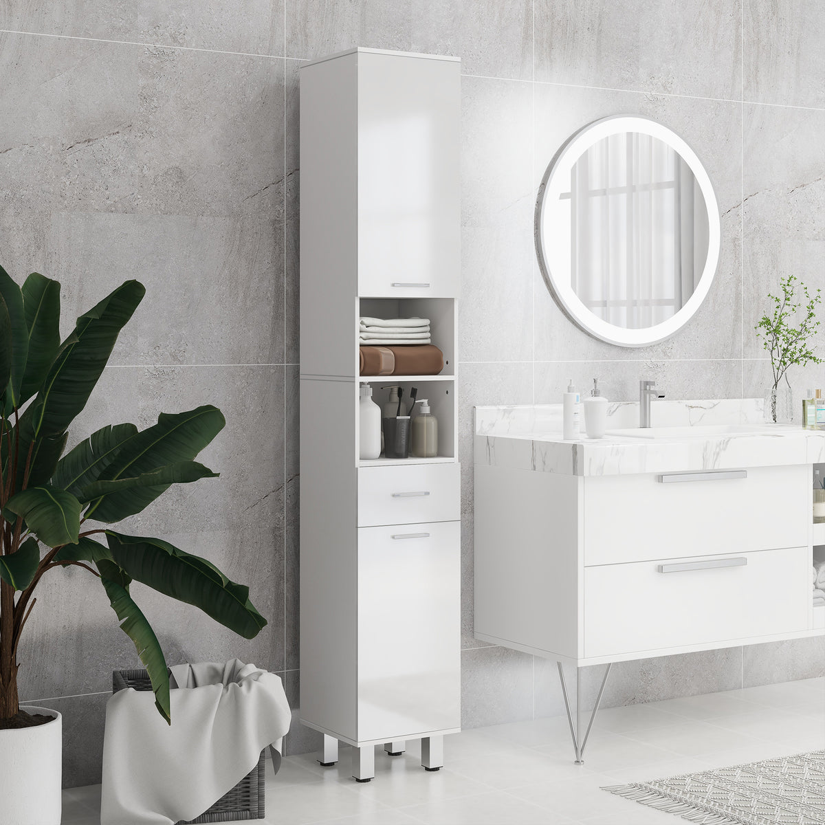 kleankin Tall Narrow Bathroom Storage Cabinet Cupboard W/ Cabinets, White