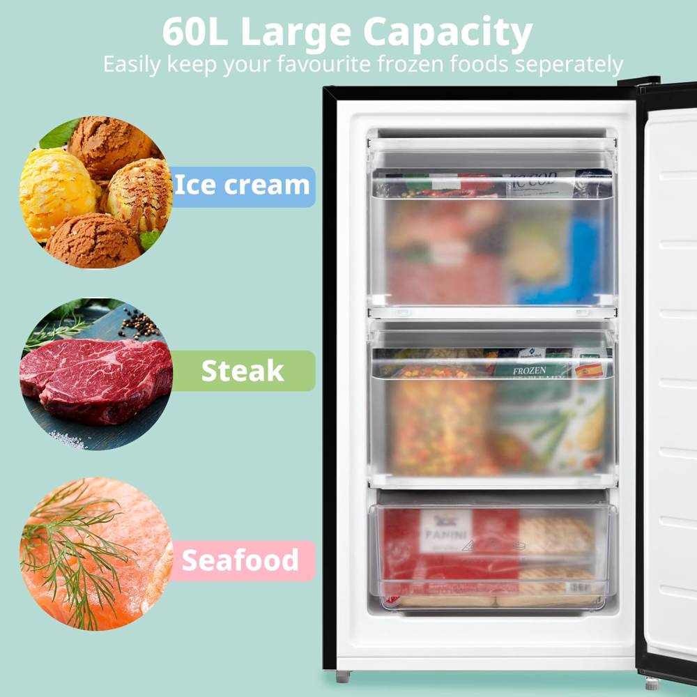 60 Litre Adjustable Thermostat Reversible Door Freestanding Under Counter 48cm Upright Freezer